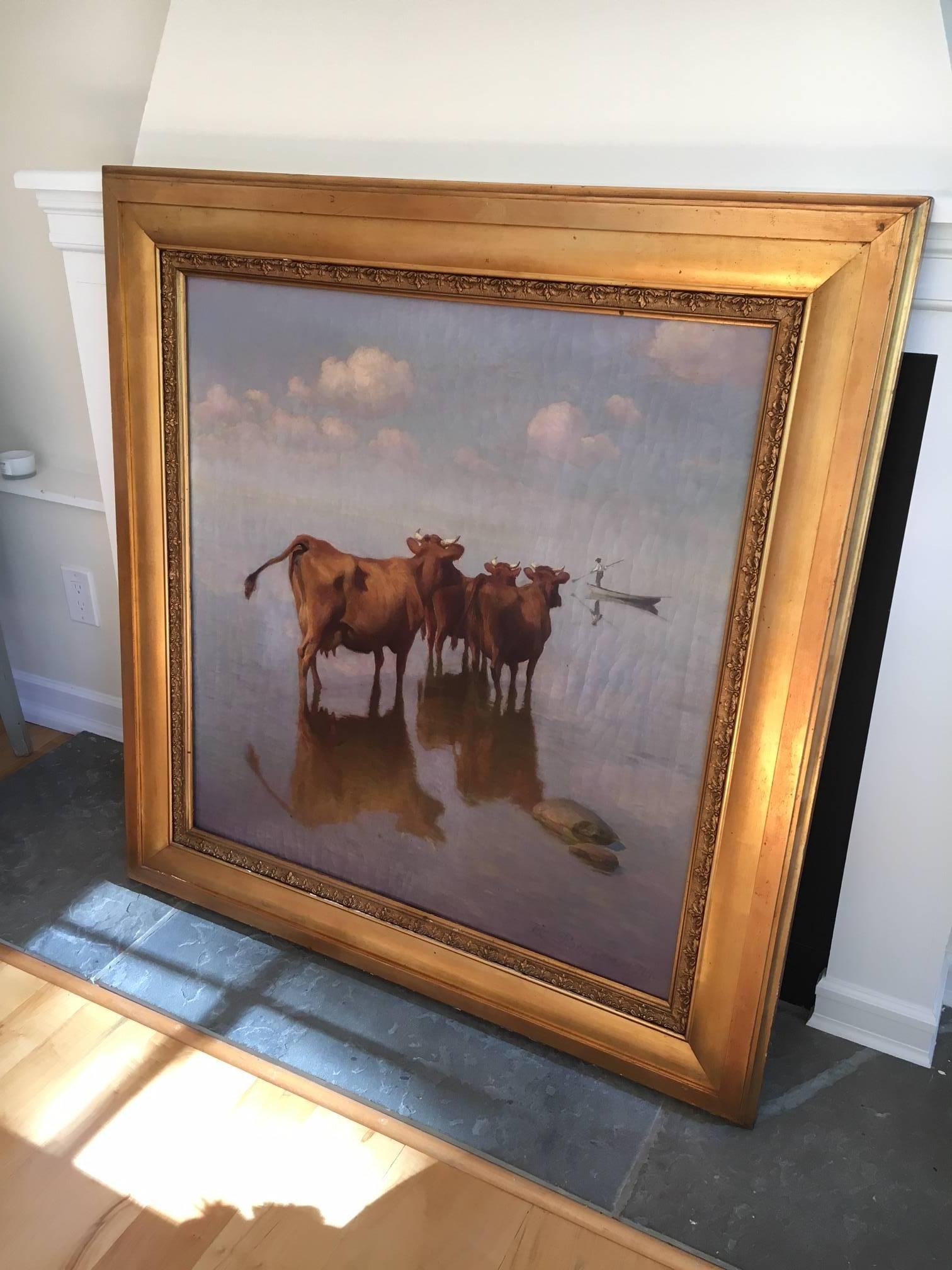 Wonderful large oil painting of cows observing a fisherman in the water, by well-known Danish painter Hans Ole Brasen. He has perfectly captured the charm and curiosity of cows as they observe a fisherman plying his trade in the early light of day.