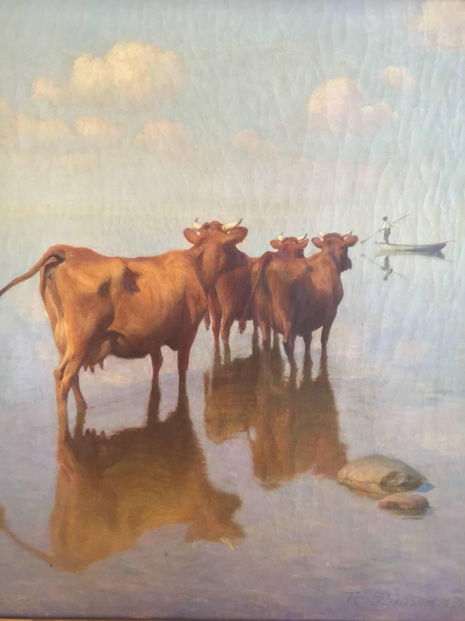 Cows and Fisherman Painting by Hans Brasen im Zustand „Gut“ in Garrison, NY
