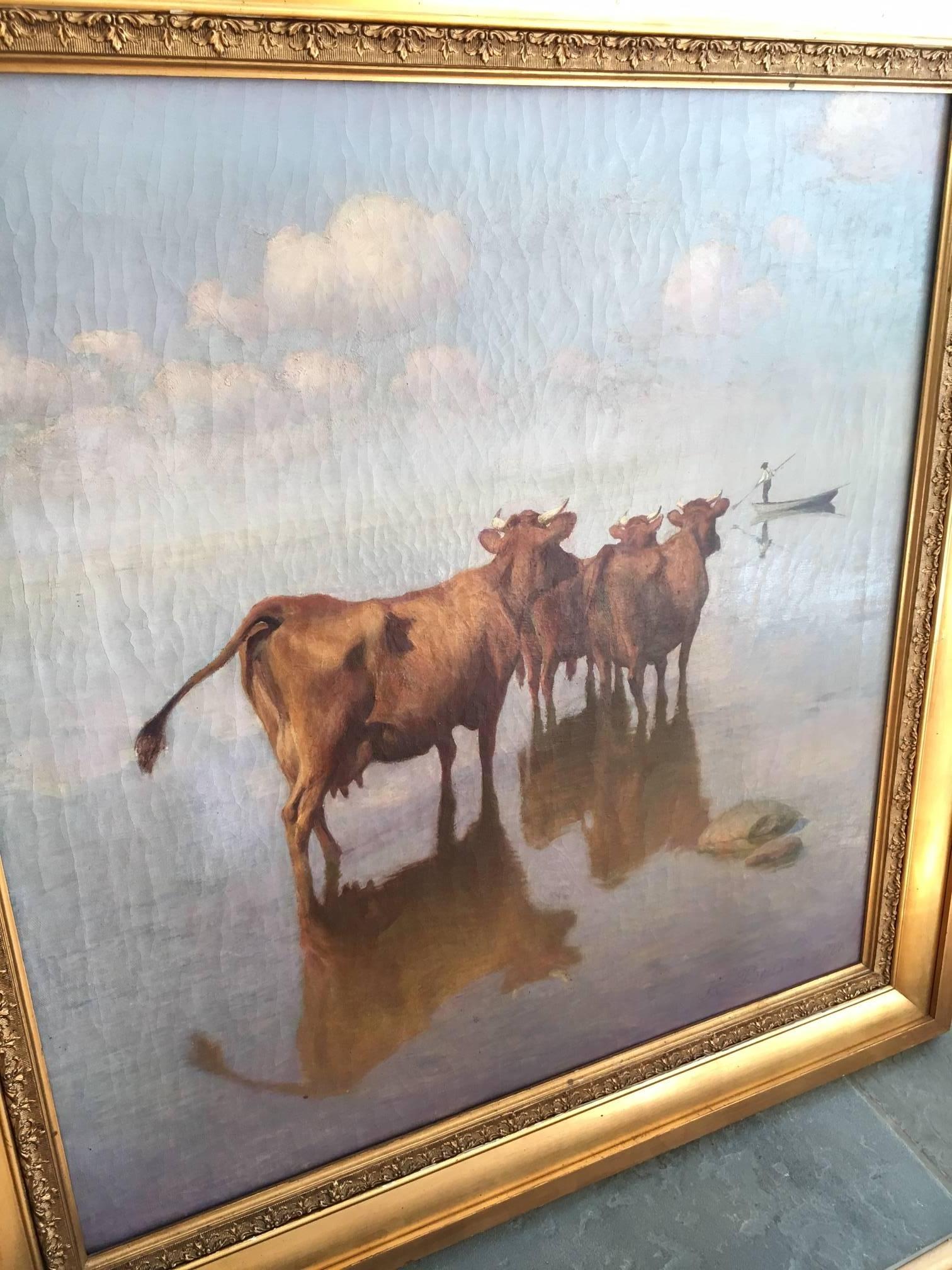 Cows and Fisherman Painting by Hans Brasen (Vergoldetes Holz)
