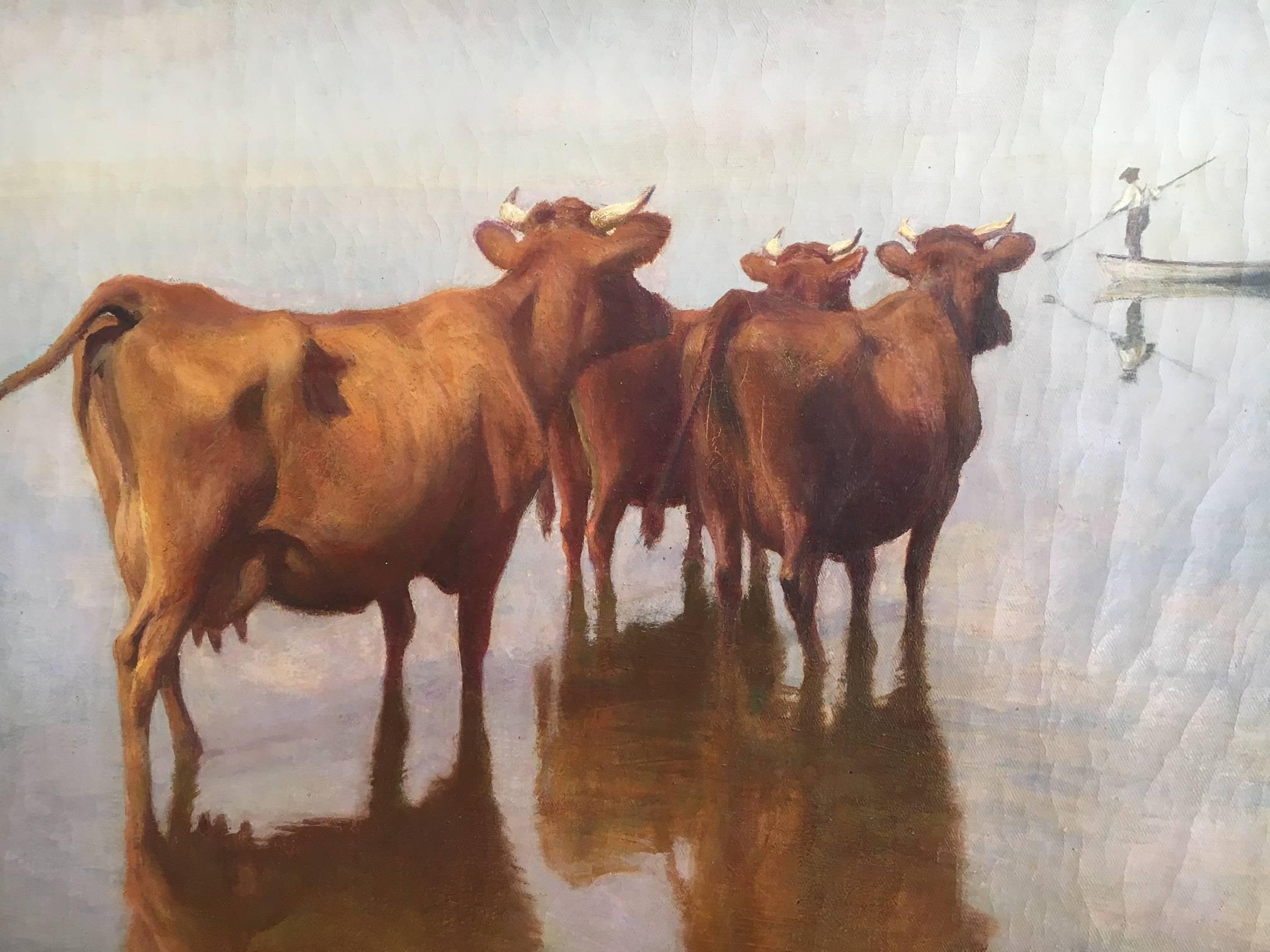 Cows and Fisherman Painting by Hans Brasen (Frühes 20. Jahrhundert)