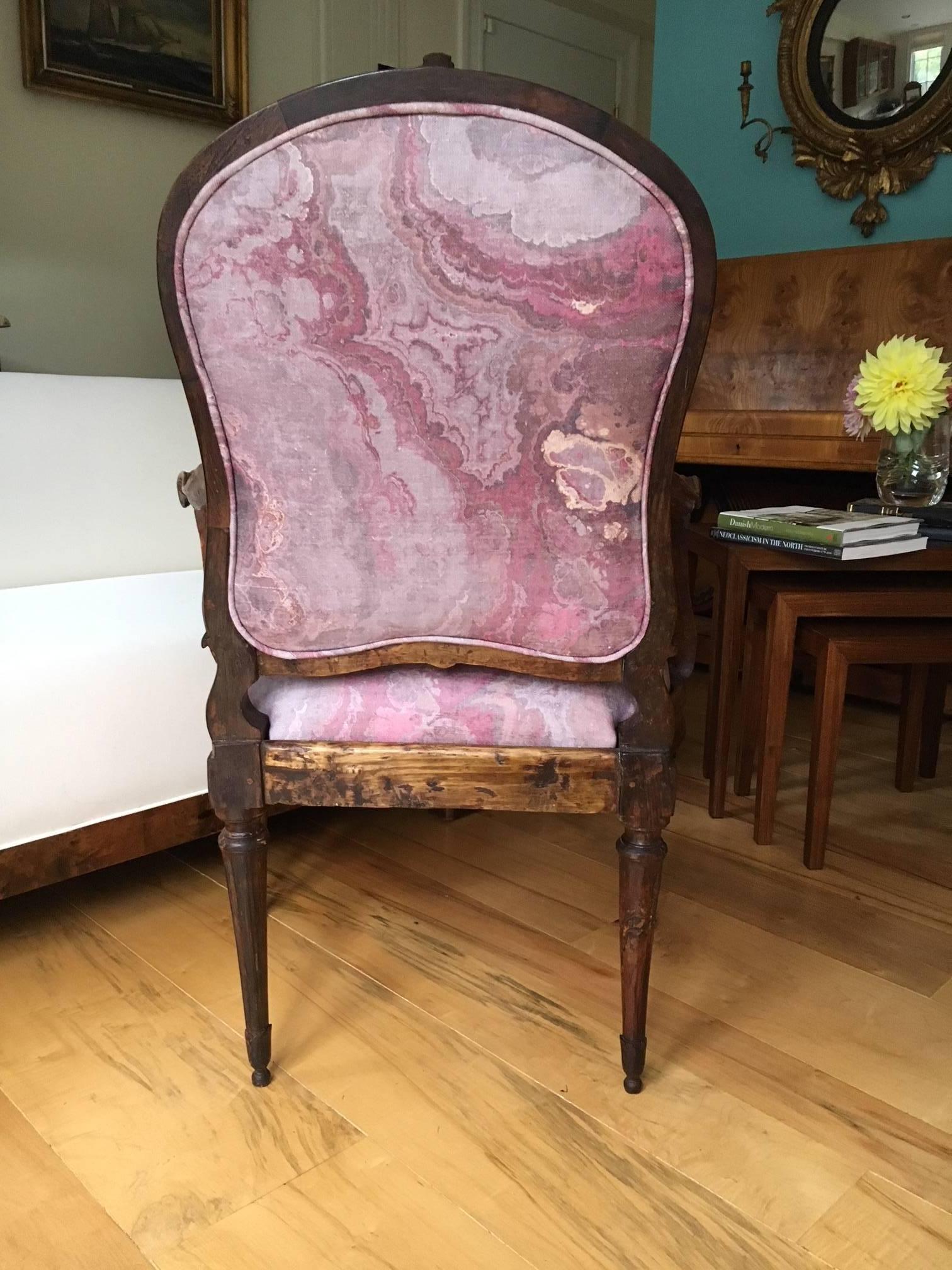 18th Century Italian Transition Olive Wood Fauteuil For Sale