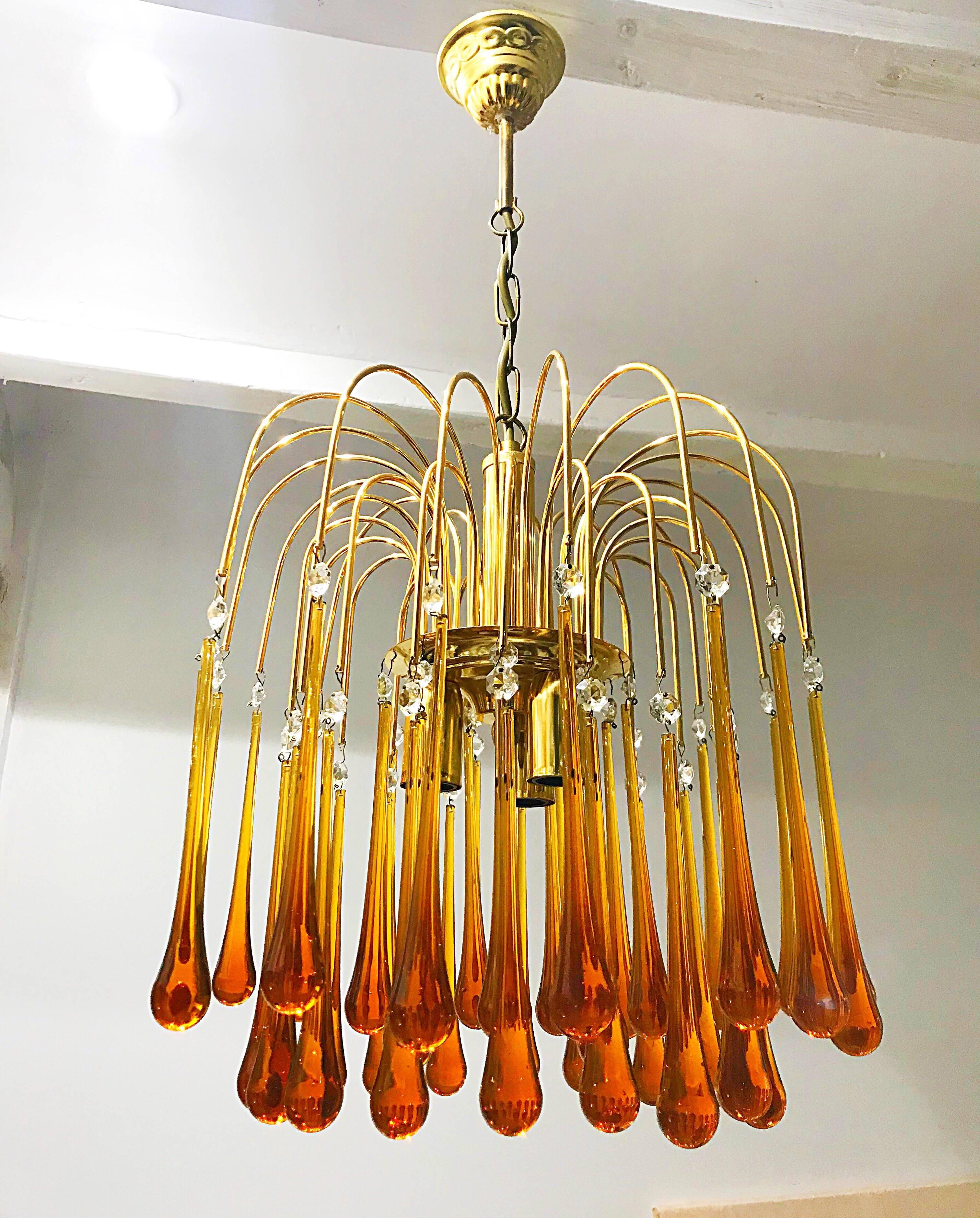 Mid-Century Modern Paolo Venini chandelier murano Glass orange drops gold brass frame  , 1960