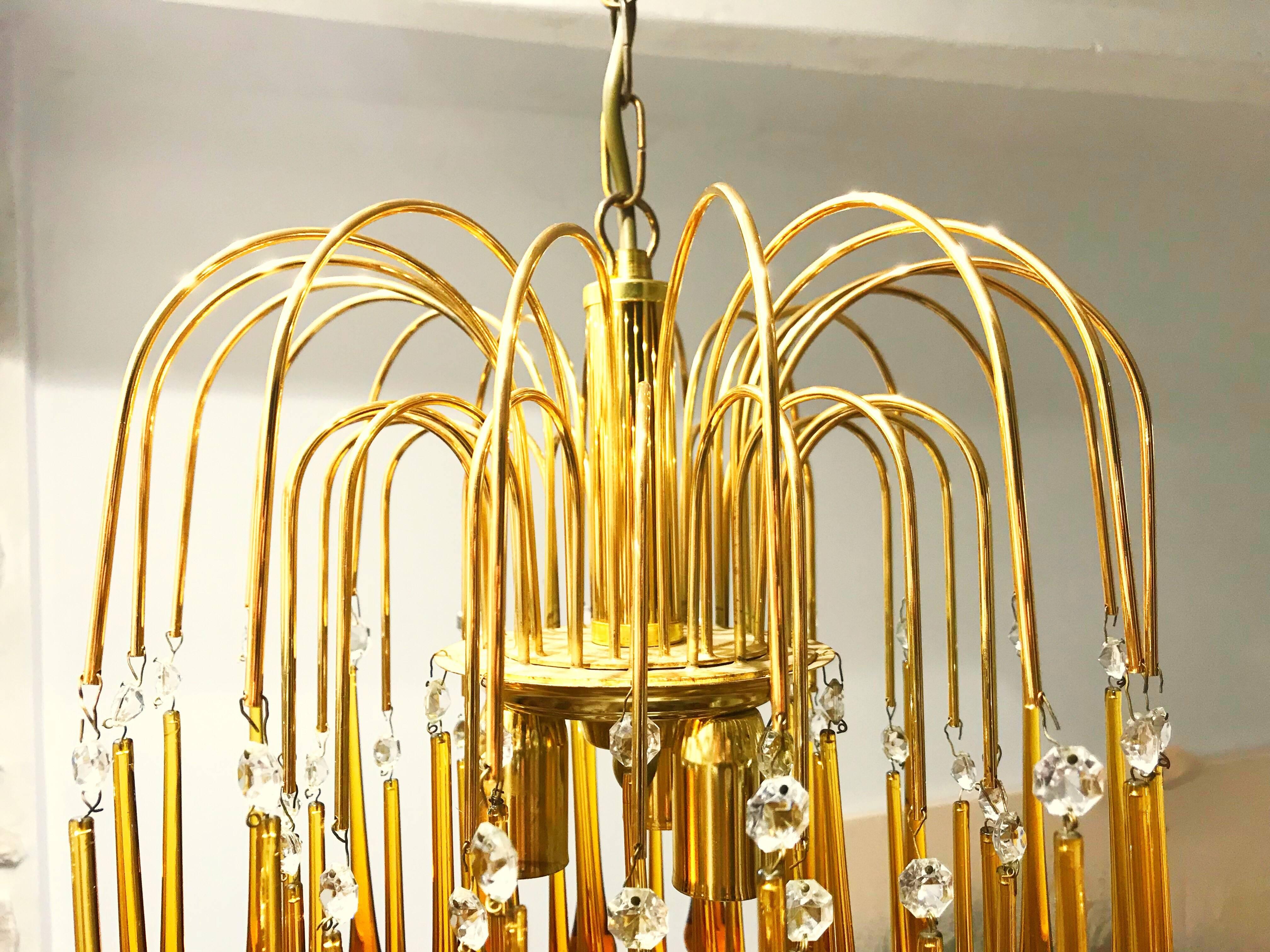 Italian Paolo Venini chandelier murano Glass orange drops gold brass frame  , 1960