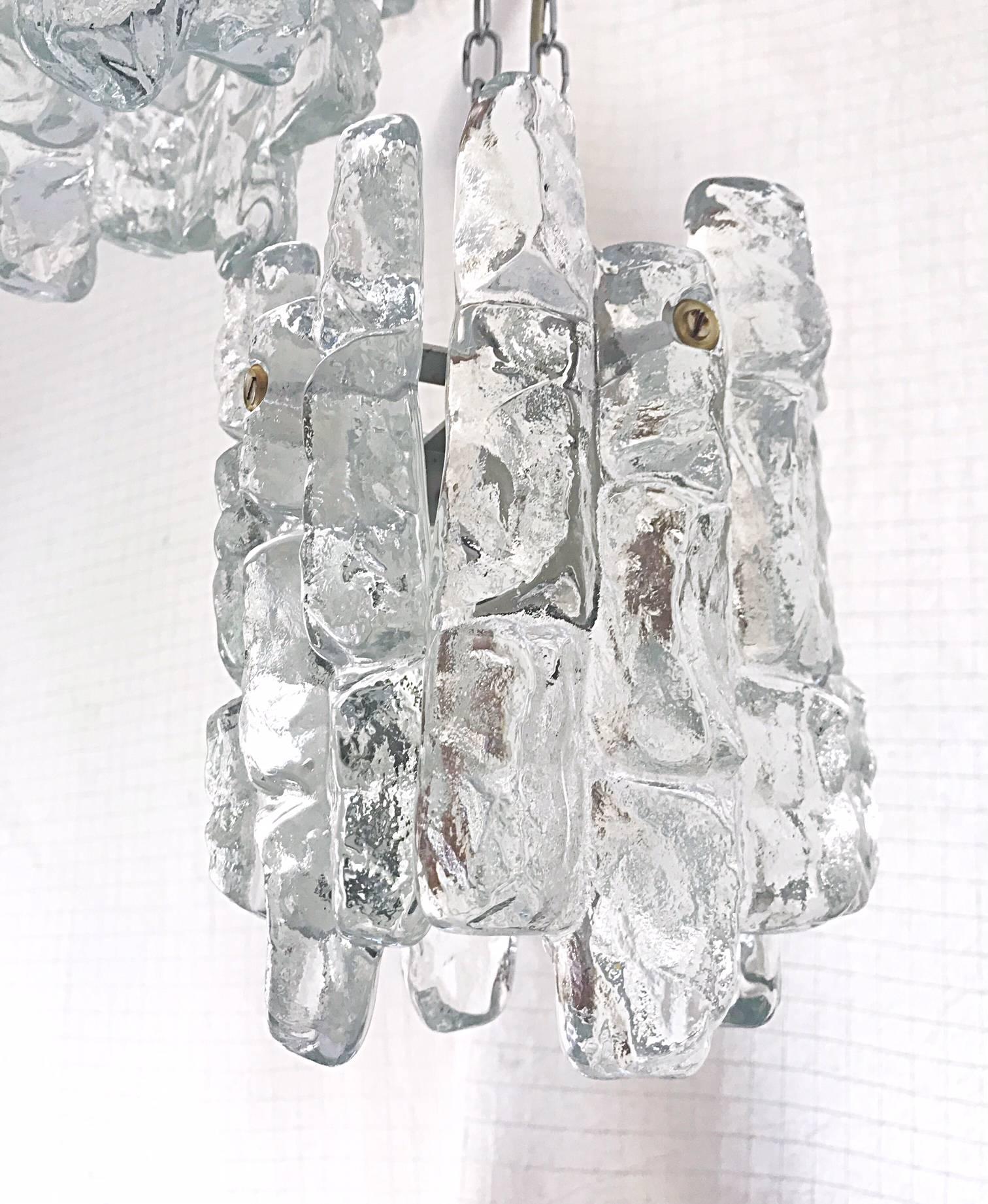 Art Glass J.T. Kalmar mid-century pendant ice frost  glass Austria 100 cm, 1972 For Sale
