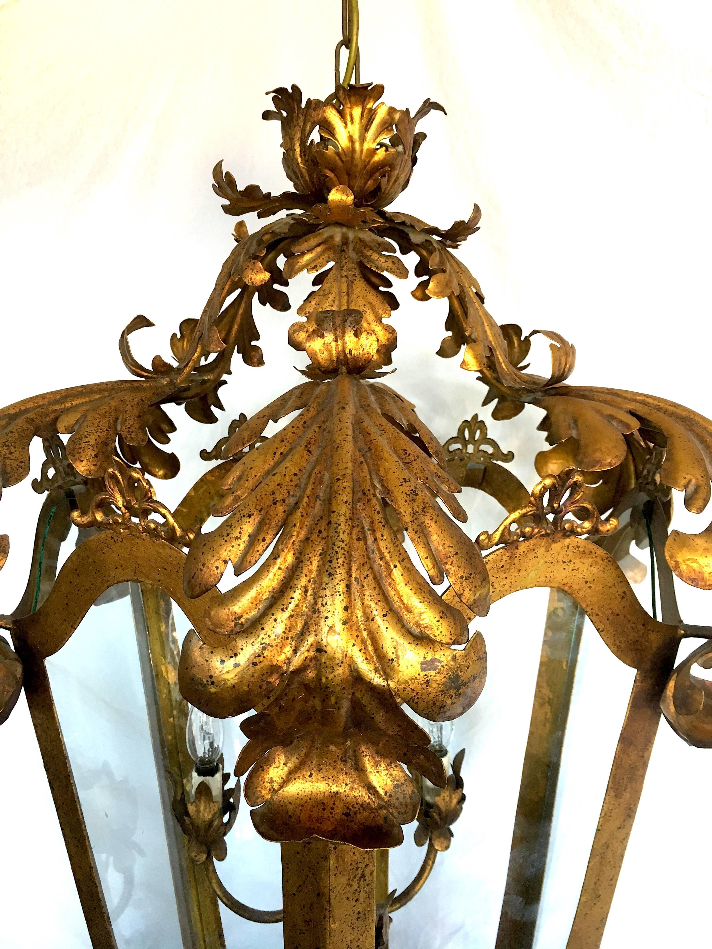 Iron Venetian Italian Glass Lantern Gilt Gold Structure 140 cm For Sale