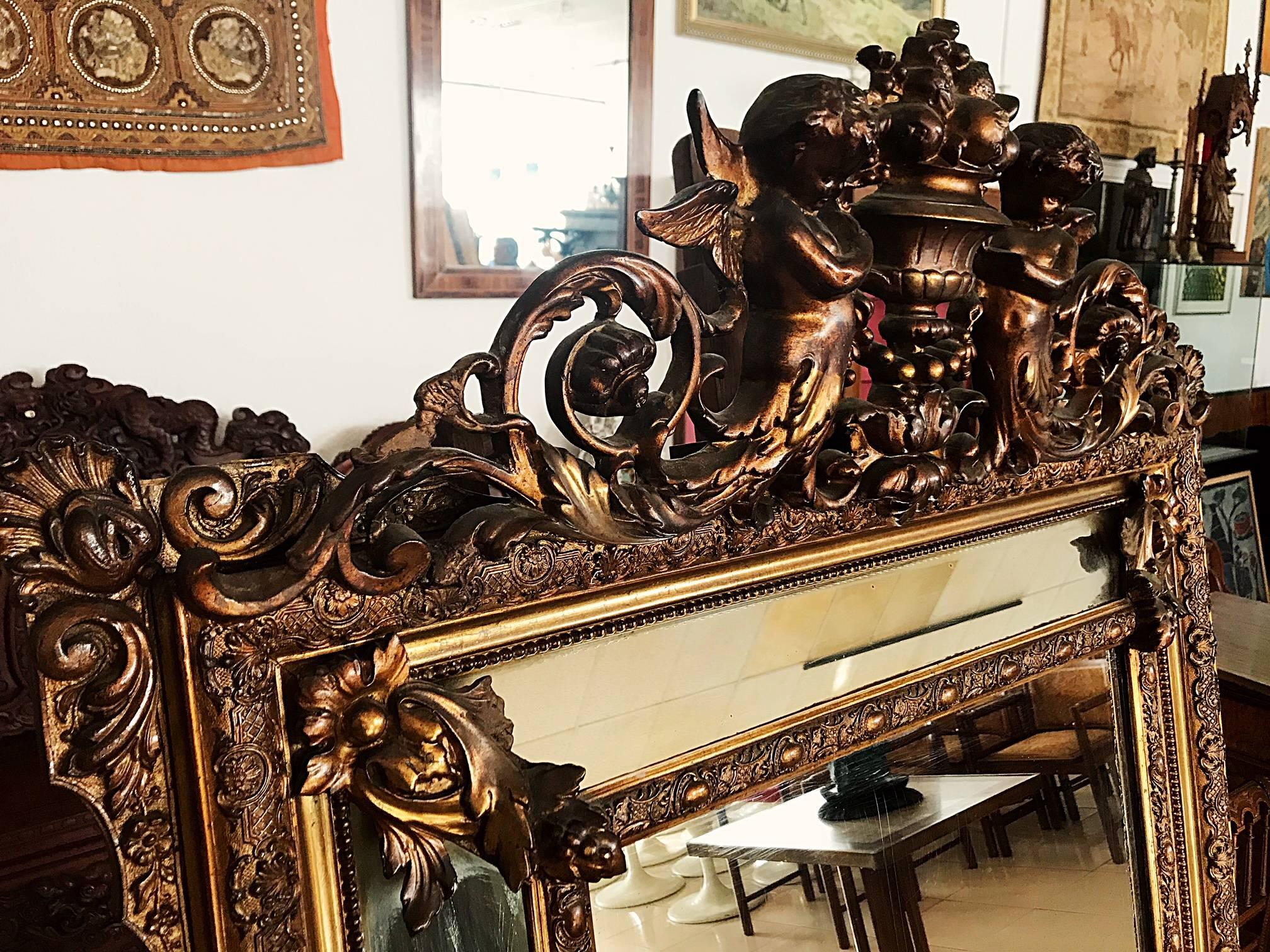 Late-19th Century French Louis XV Carved Gold Leaf Wall Hanging Parclose Mirror In Good Condition For Sale In Denia, ES