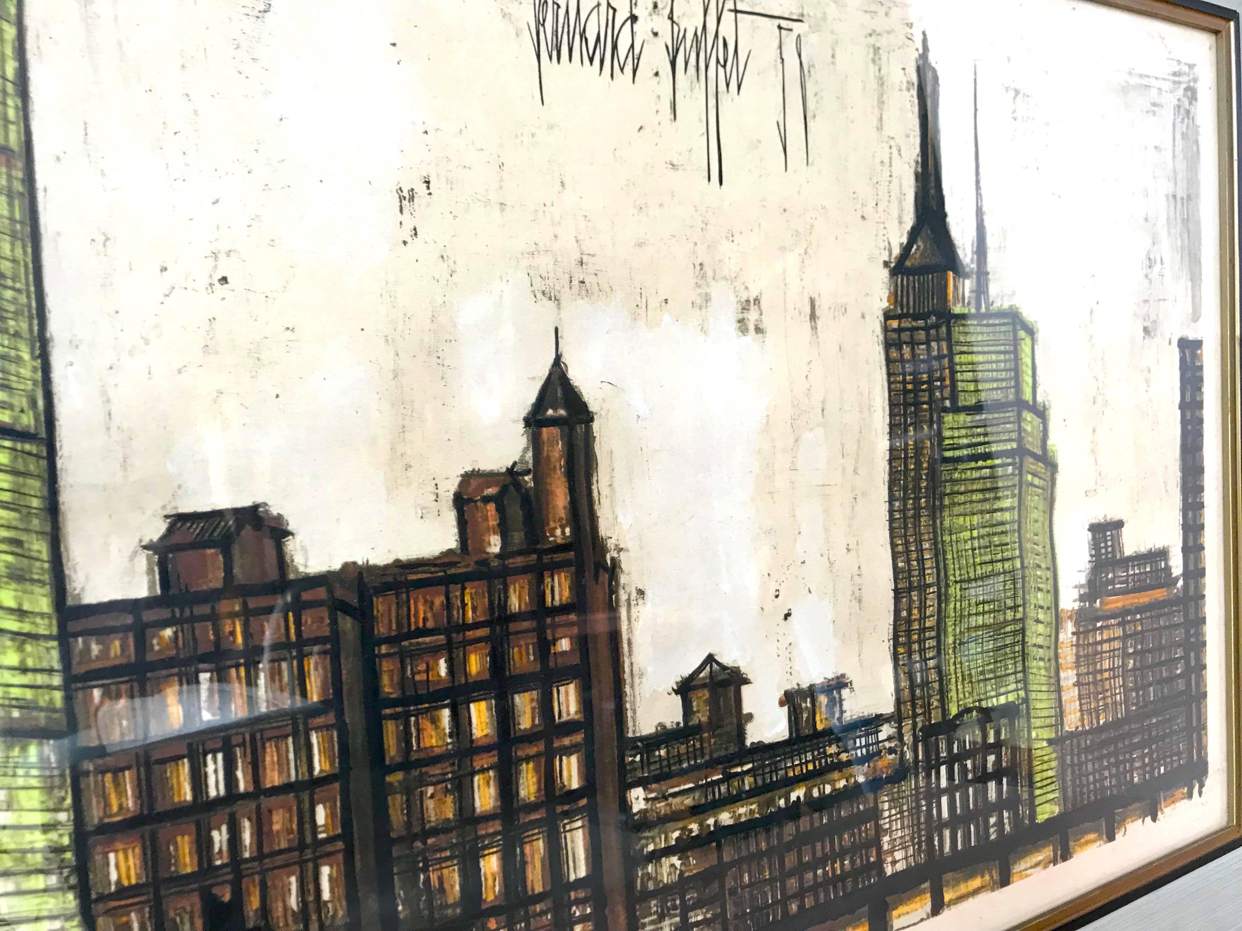 This powerful cityscape you are about to bid on is a fabulous 1958 hand-colored lithograph by the talented & LISTED French artist Bernard Buffet (1928-1999). Strong vertical and horizontal lines criss-cross one another, building this energetic urban
