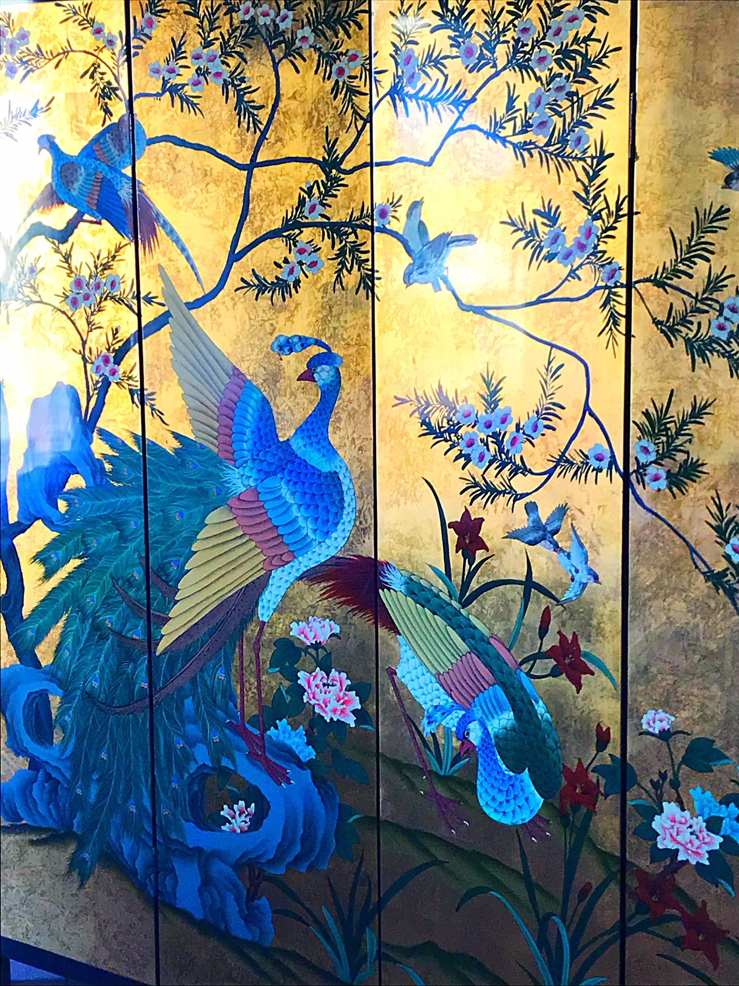 Chinese Coromandel Screen Lacquered Gold peacock , 2000 For Sale