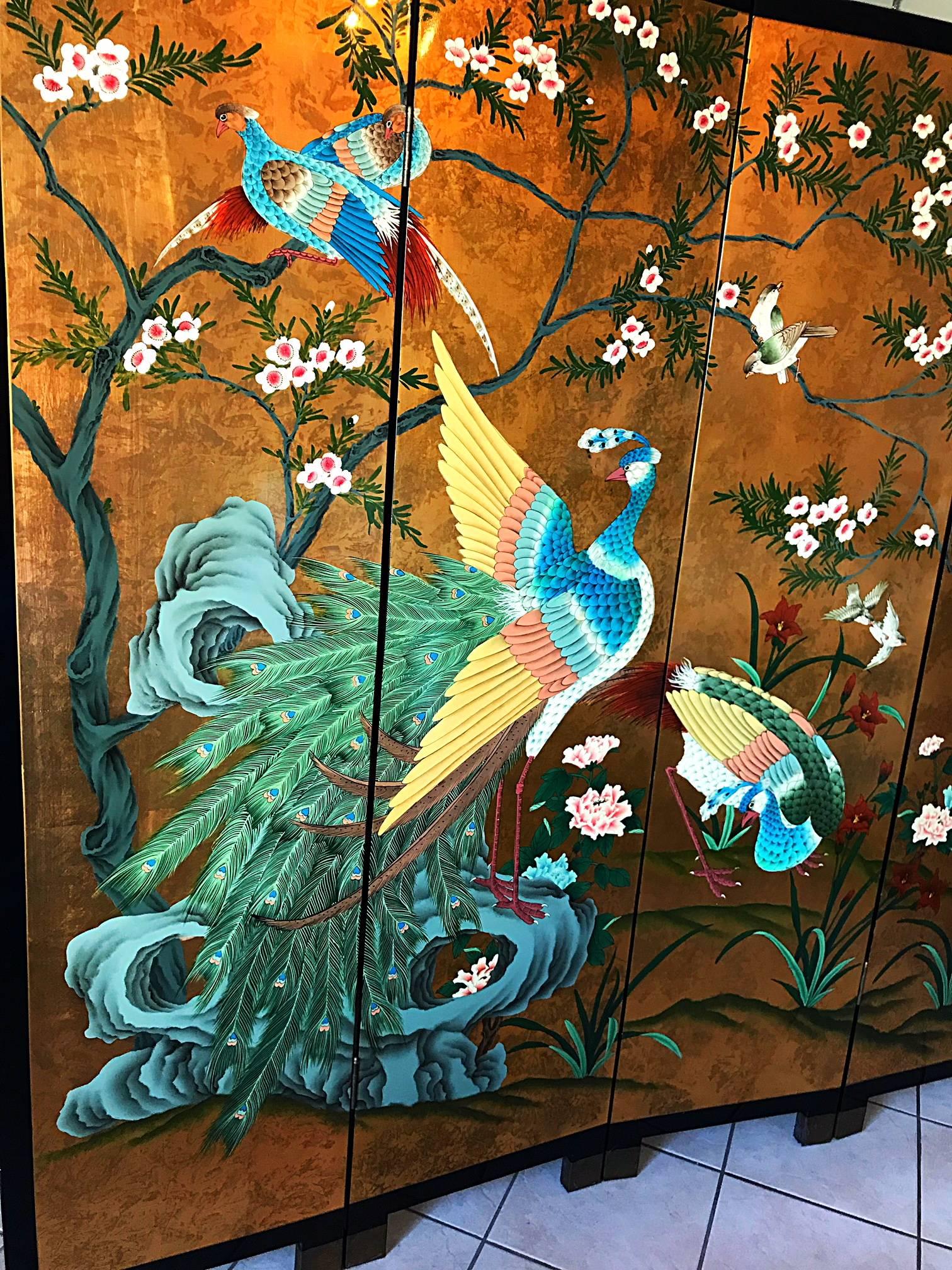 Chinese Chippendale Coromandel Screen Lacquered Gold peacock , 2000 For Sale