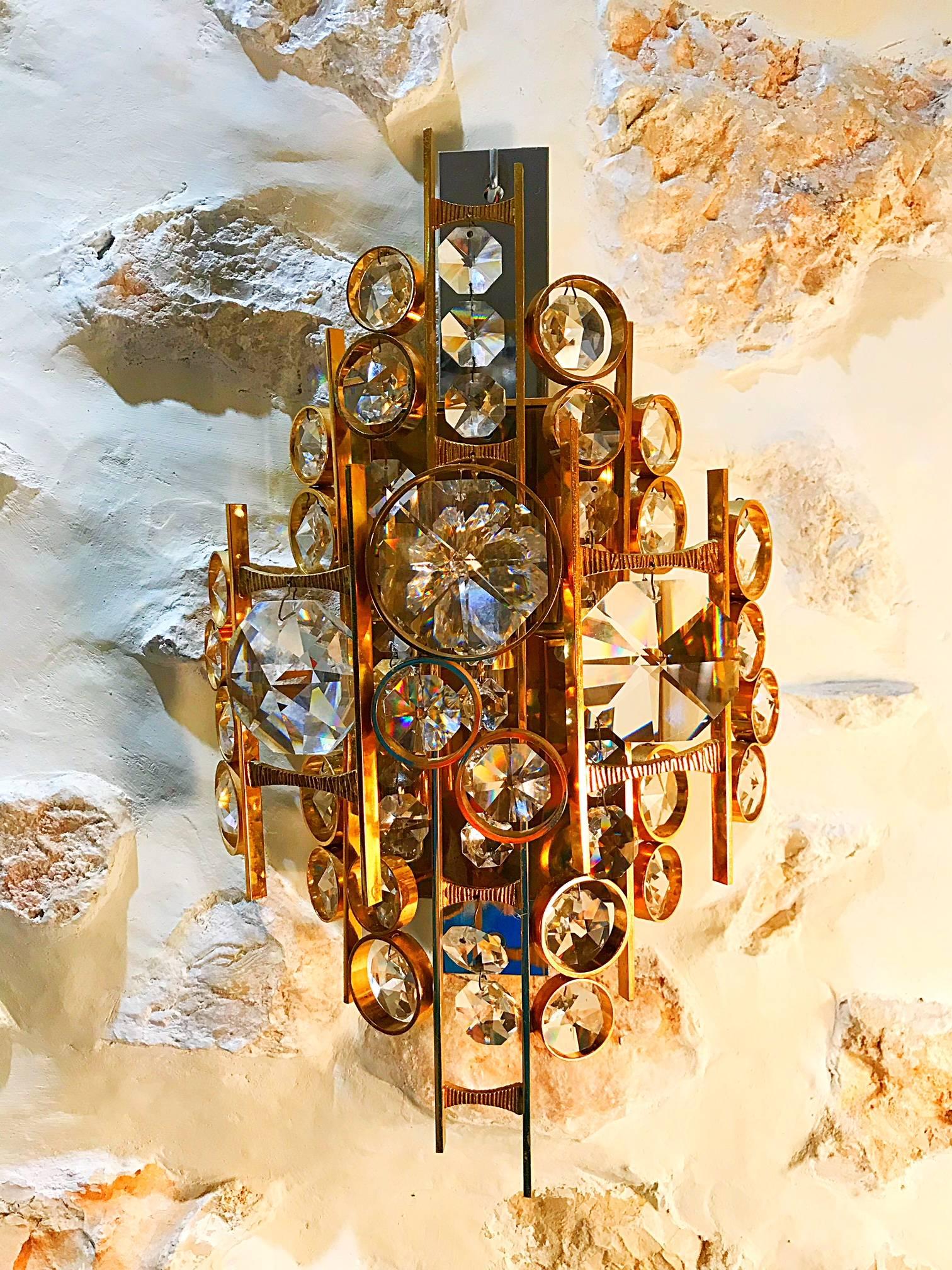 Mid-Century Modern Palwa mid-century sconce Crystal Jewel gilt frame pair austria , 1960 For Sale