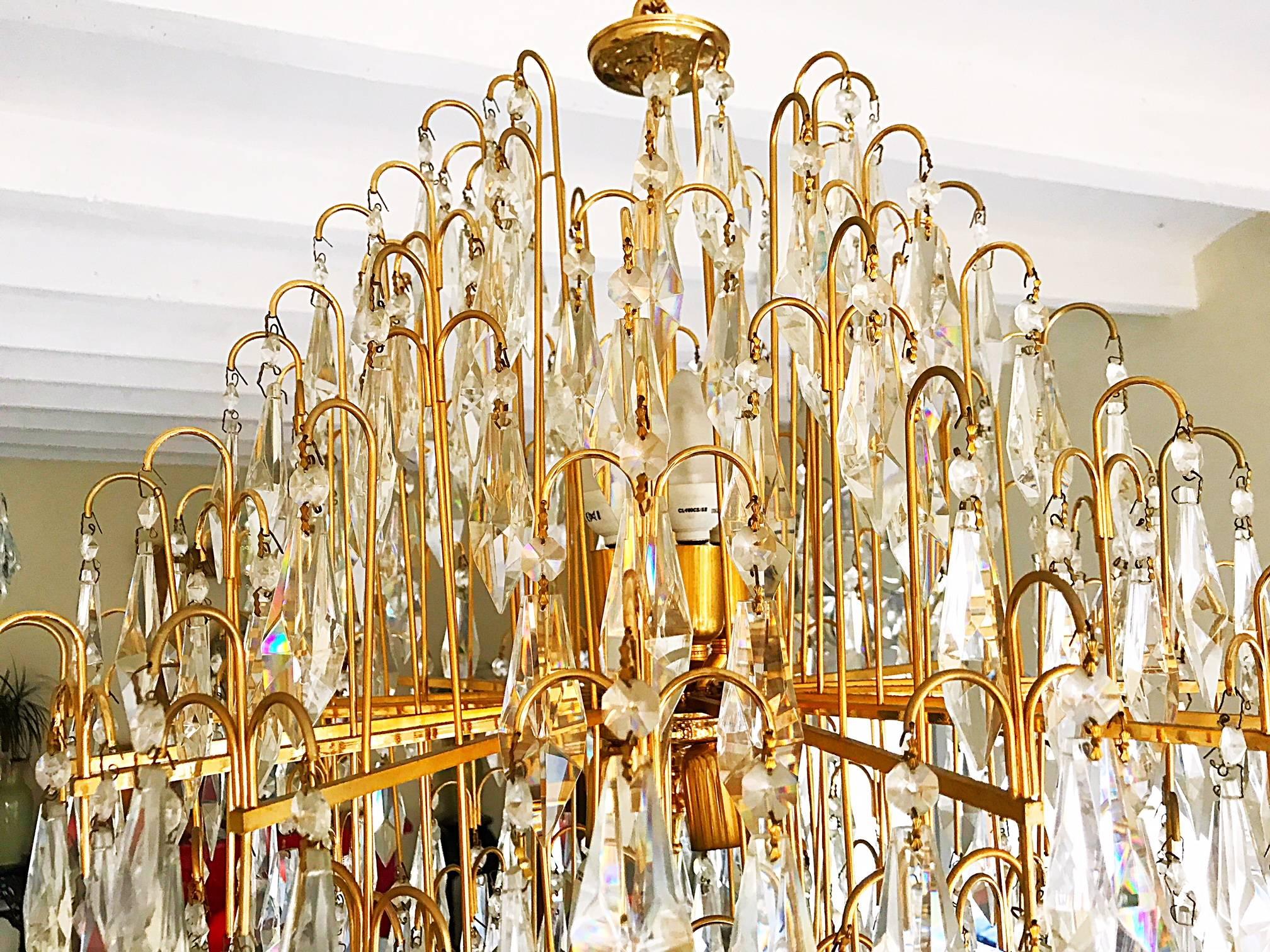 Italian murano cut crystal chandelier Brass frame gold-plated fitted , 1970 1