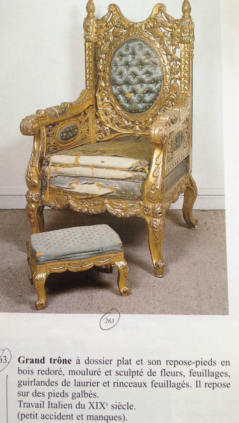 Exceptional Throne Italian 1850 original need to be restored after a long period in storage. Important Provenance from Palace de So.... In France near Paris. Expertise in picture. It’s not reproduction.
The frame of the Throne are in good