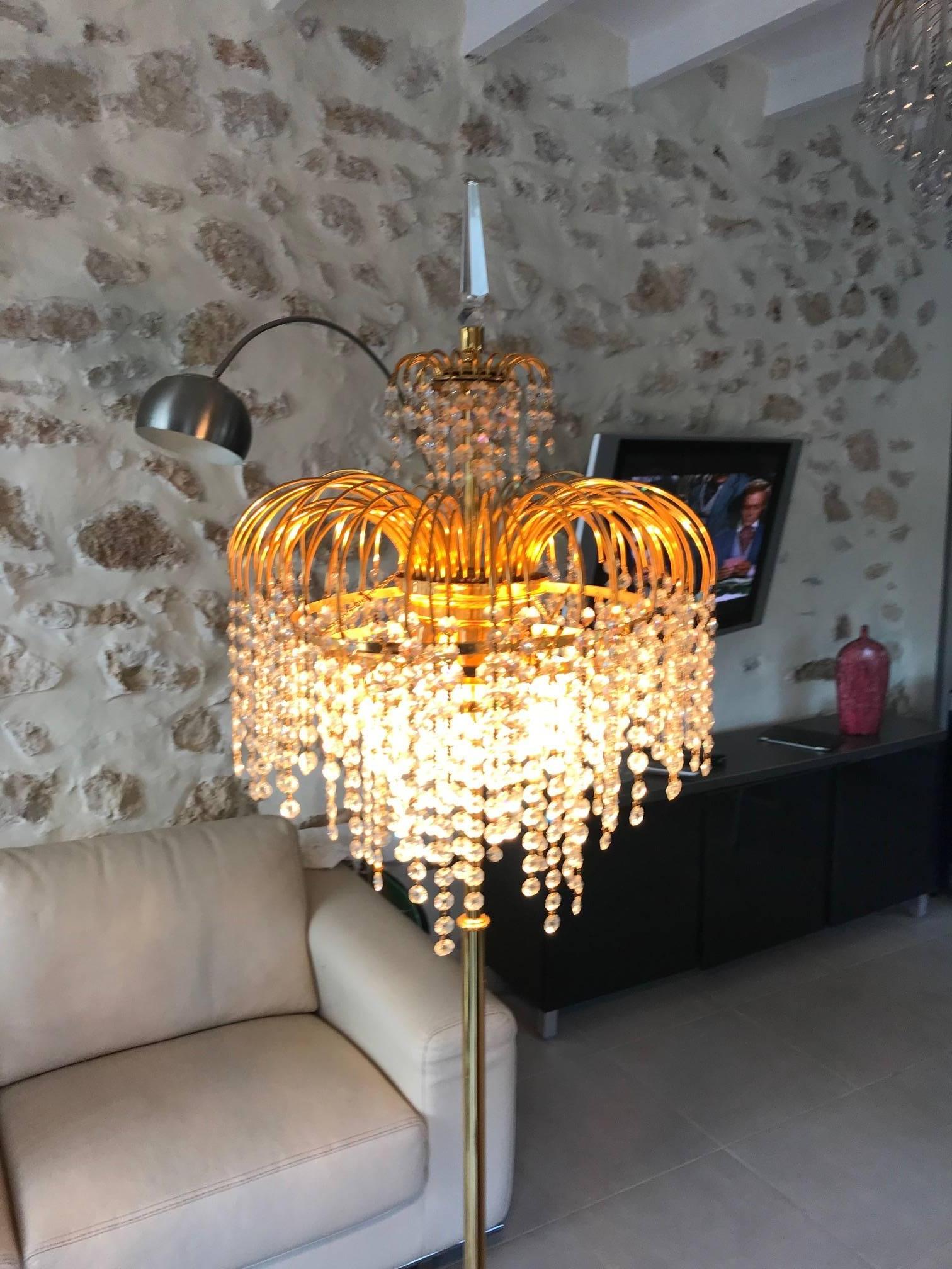Hollywood Regency Murano mid-century cristal lamp floor palm with gilt frame italian, 1960  For Sale