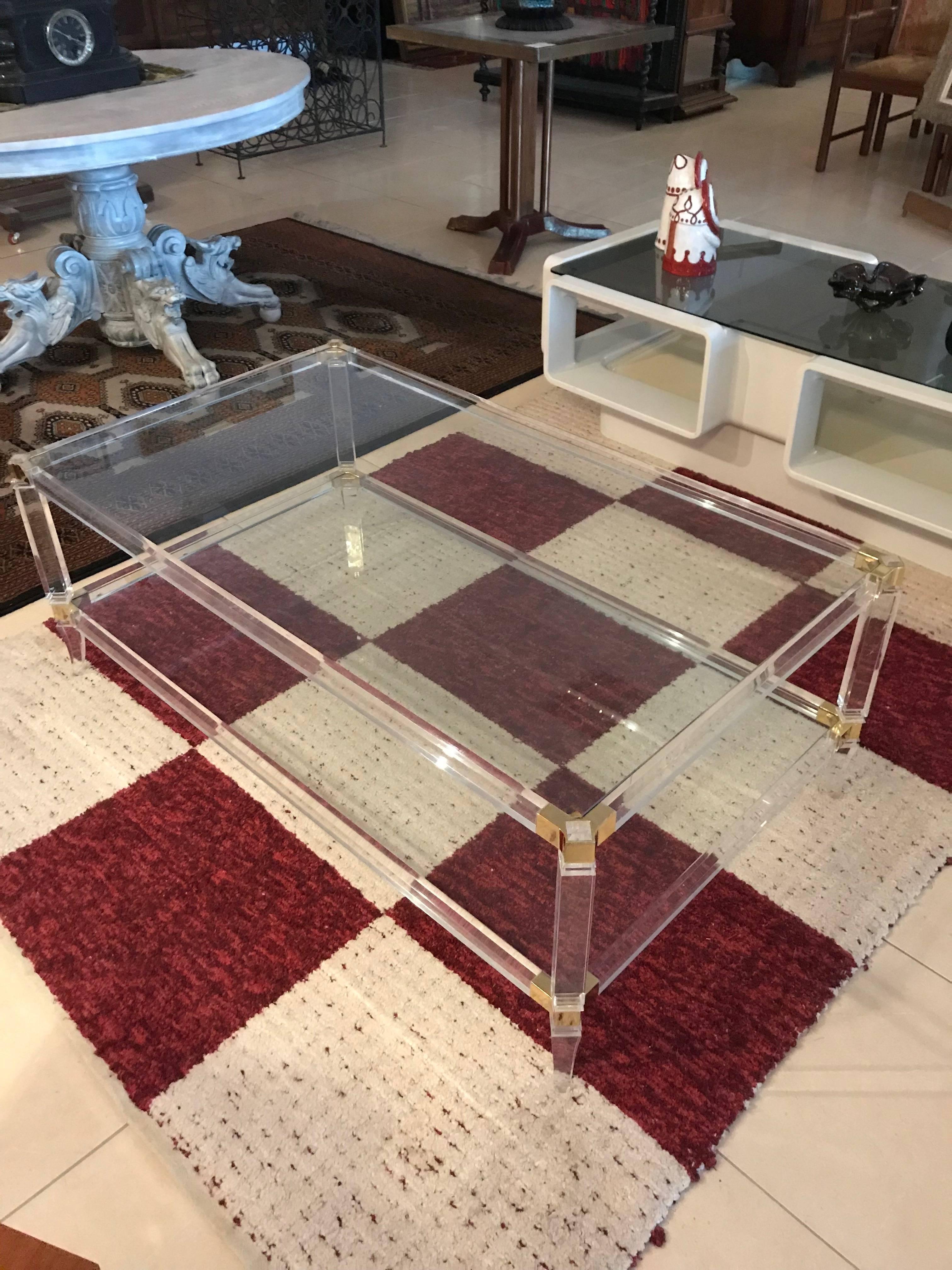 Lucite mid-century modern Coffee Table gilt brass French , 1960 For Sale 1