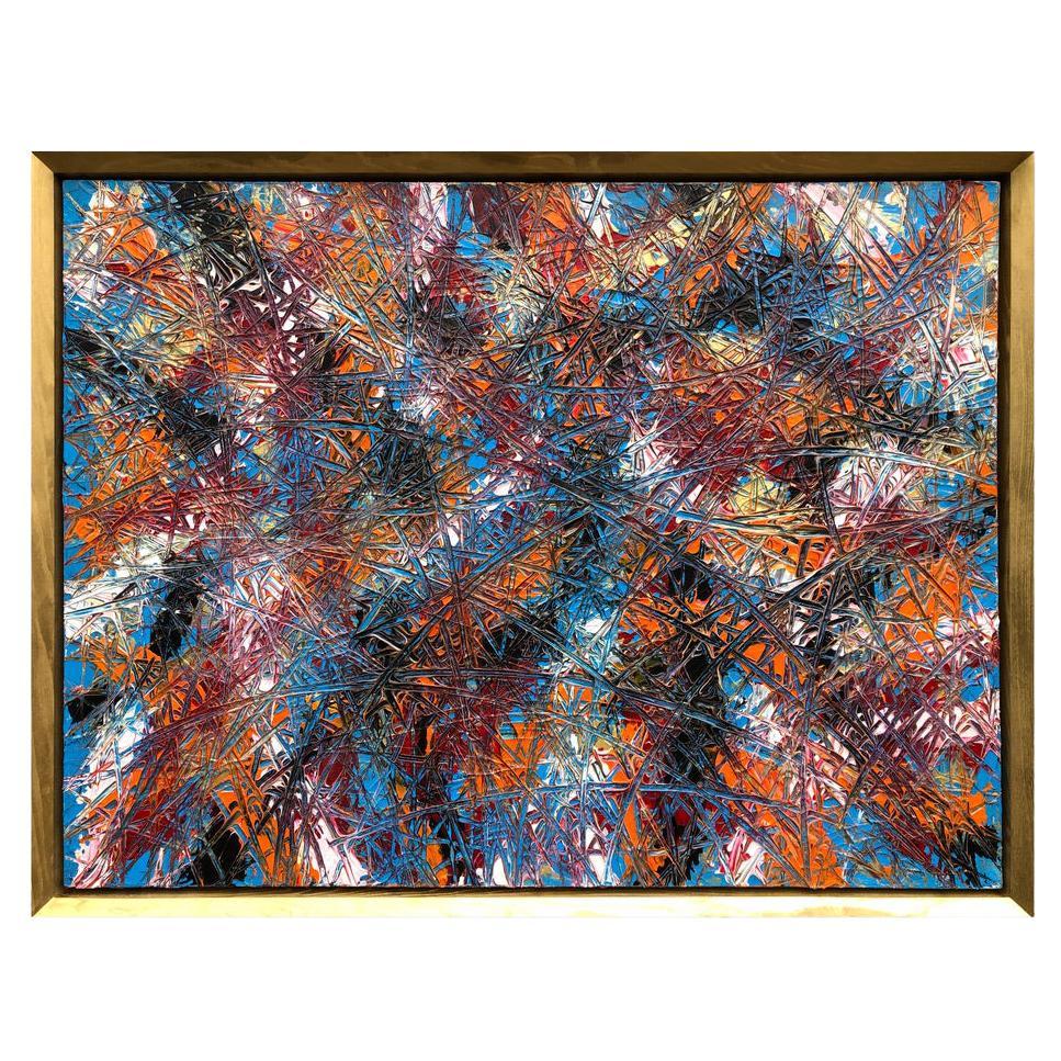 Abstract Expressionism Acrylic Painting Deeply Textured, Orange Blue Black