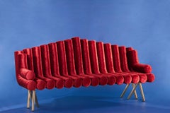Red Velvet Sofa With Polished Brass Legs Functional Art