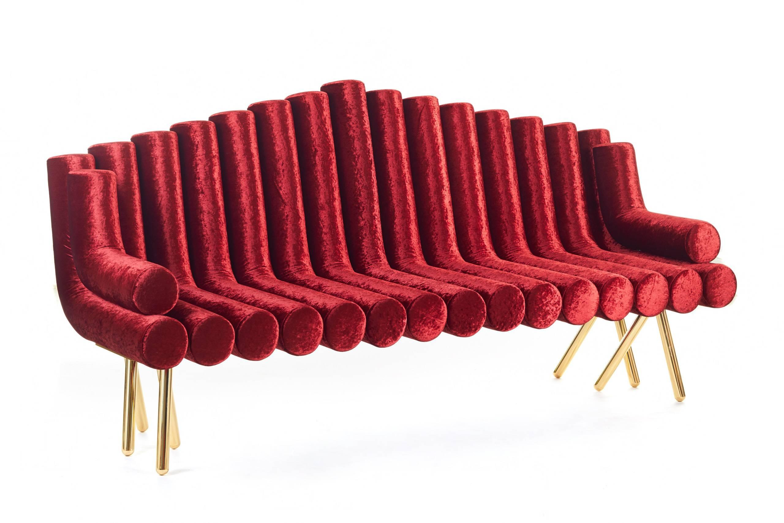 Art Deco Red Velvet Sofa With Polished Brass Legs Functional Art  For Sale