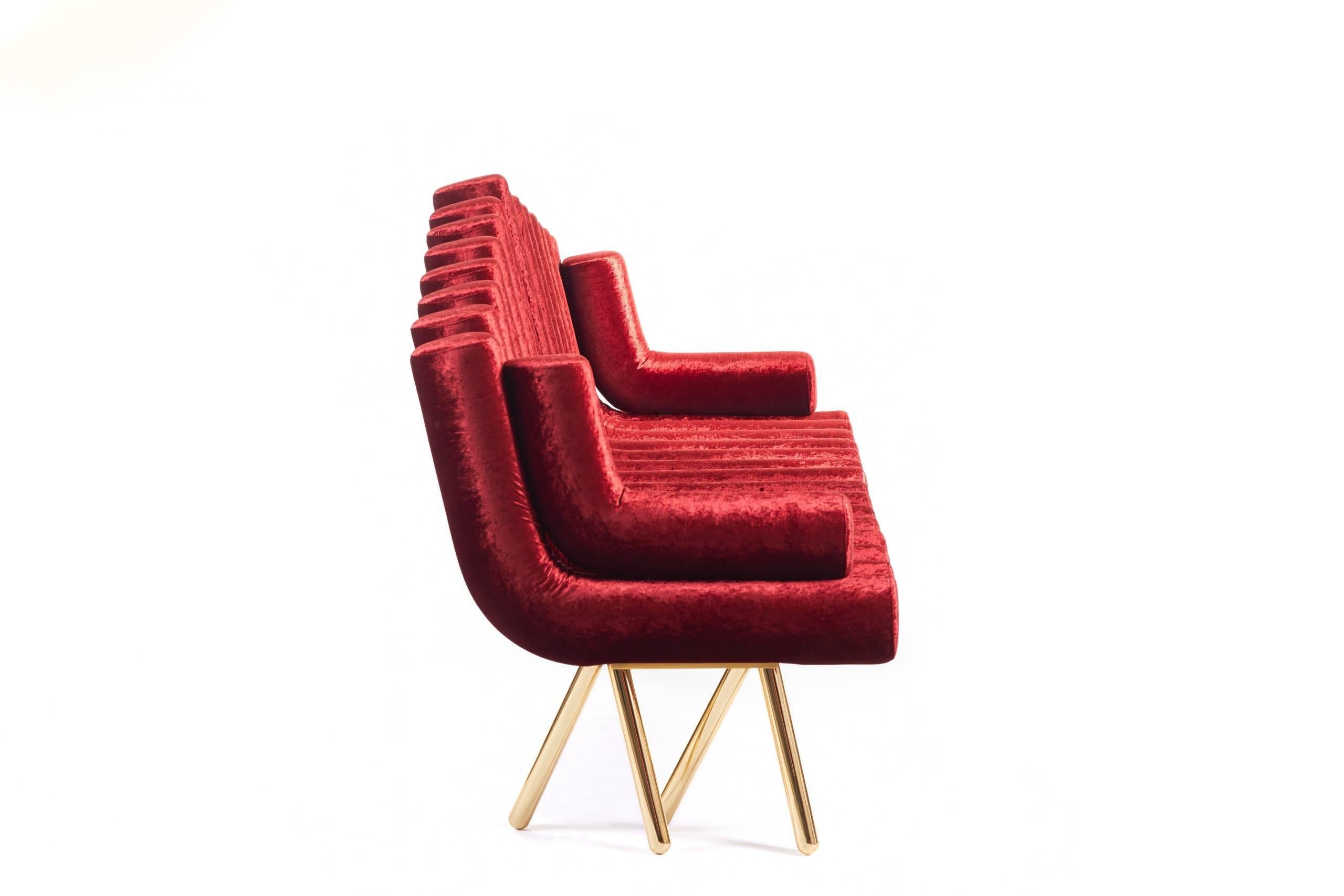 Italian Red Velvet Sofa With Polished Brass Legs Functional Art  For Sale