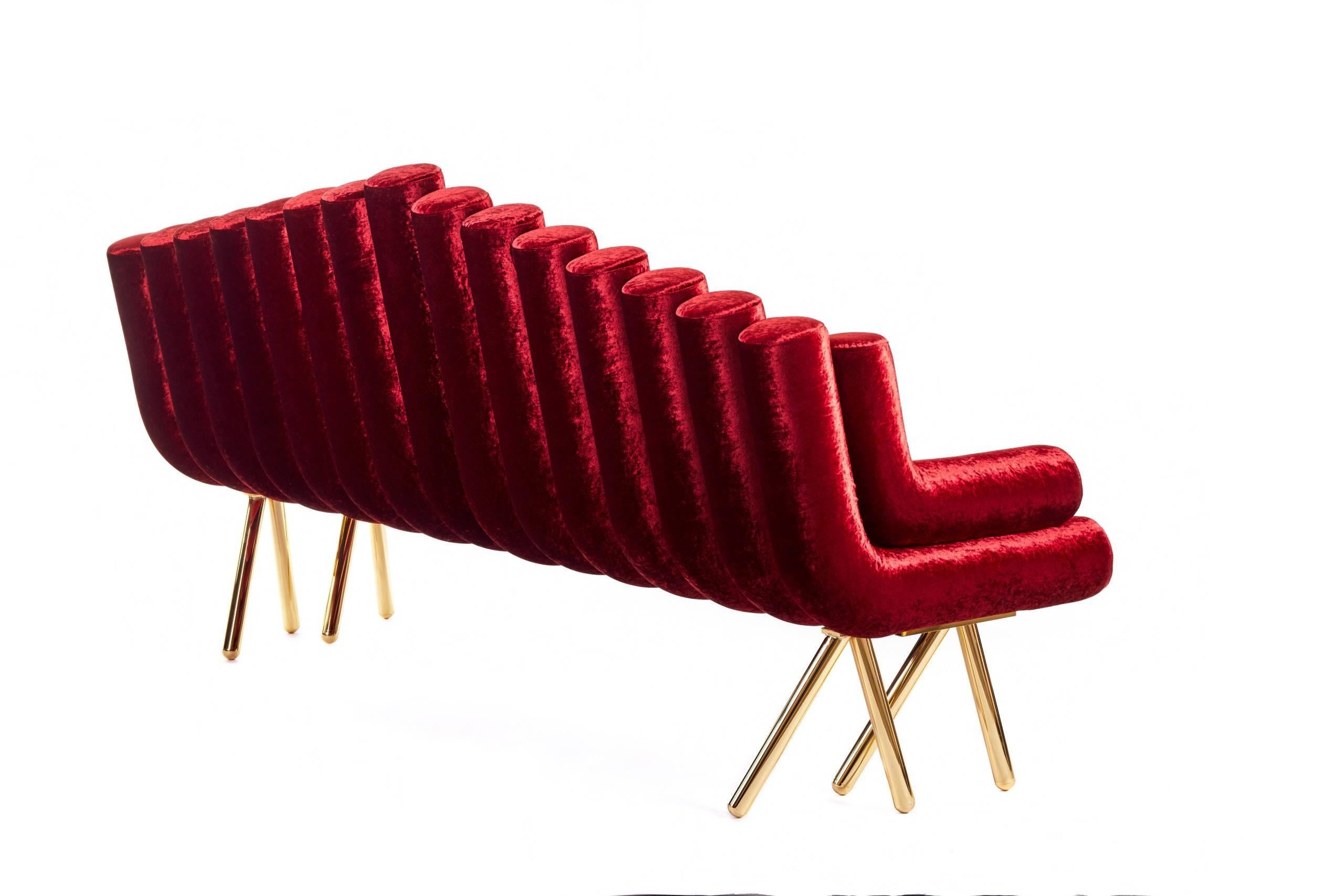 Red Velvet Sofa With Polished Brass Legs Functional Art  In New Condition For Sale In Toronto, Ontario