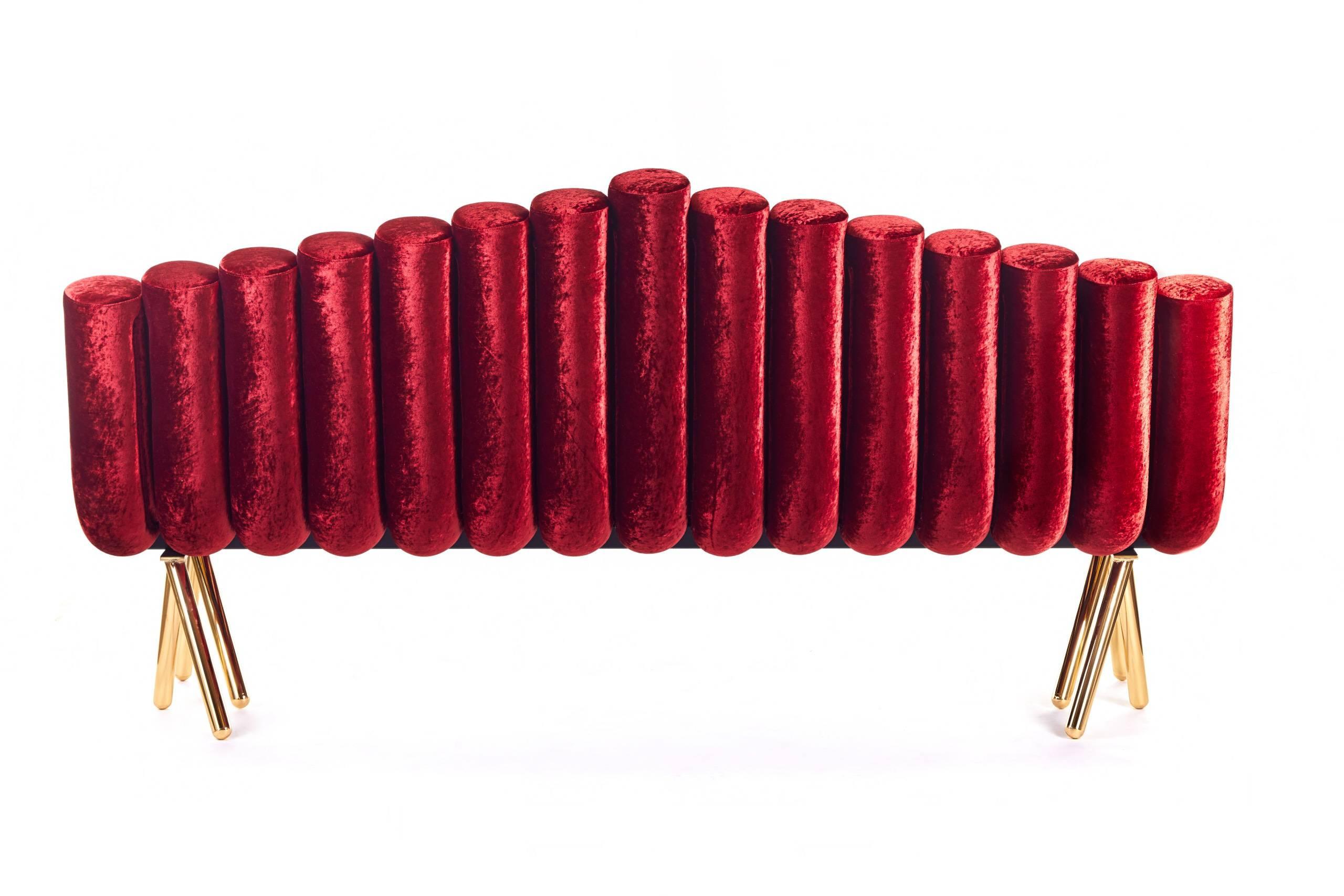 Contemporary Red Velvet Sofa With Polished Brass Legs Functional Art  For Sale