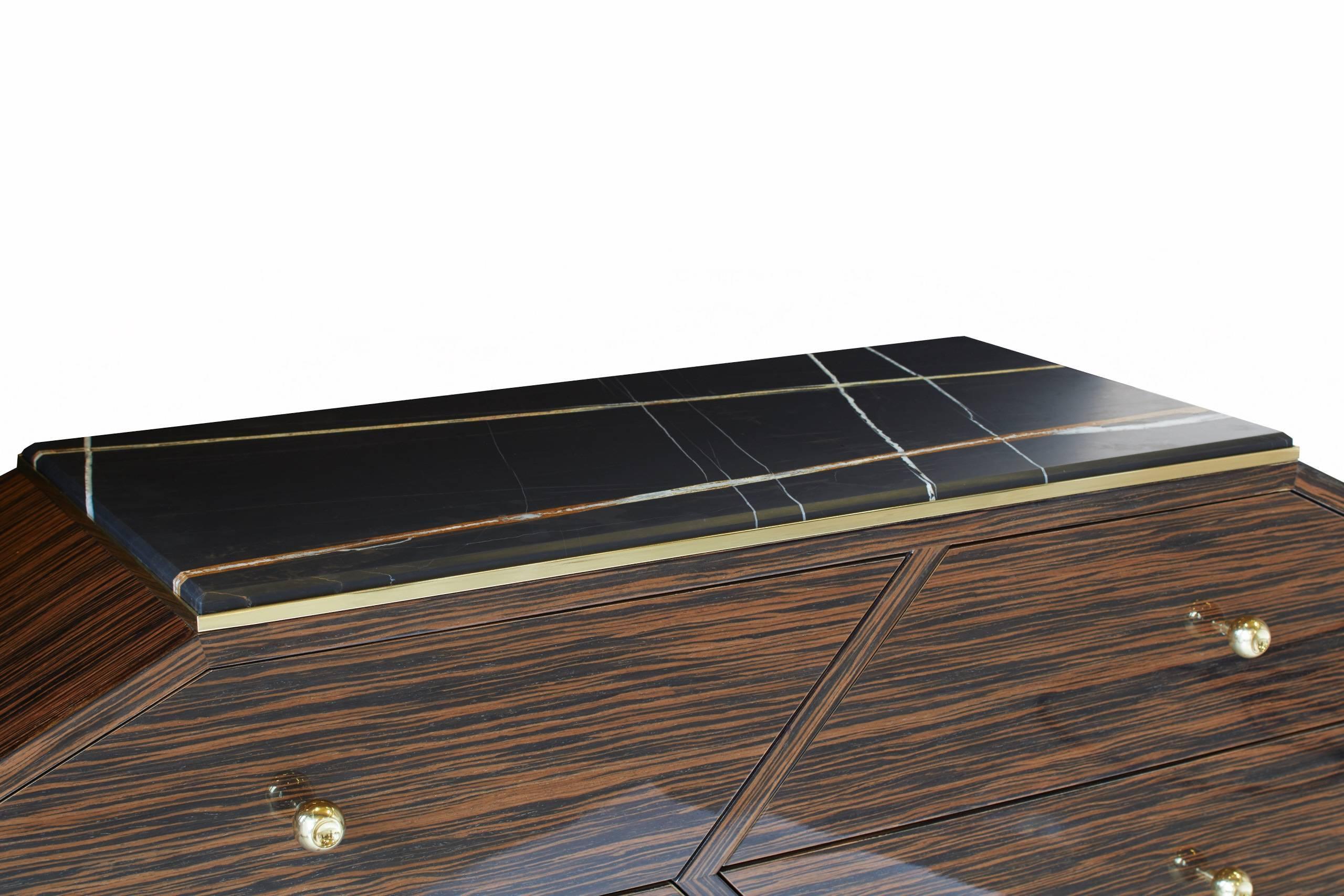 Art Deco Macassar Ebony Cabinet In High Gloss With Italian Marble Top & Brass Details For Sale