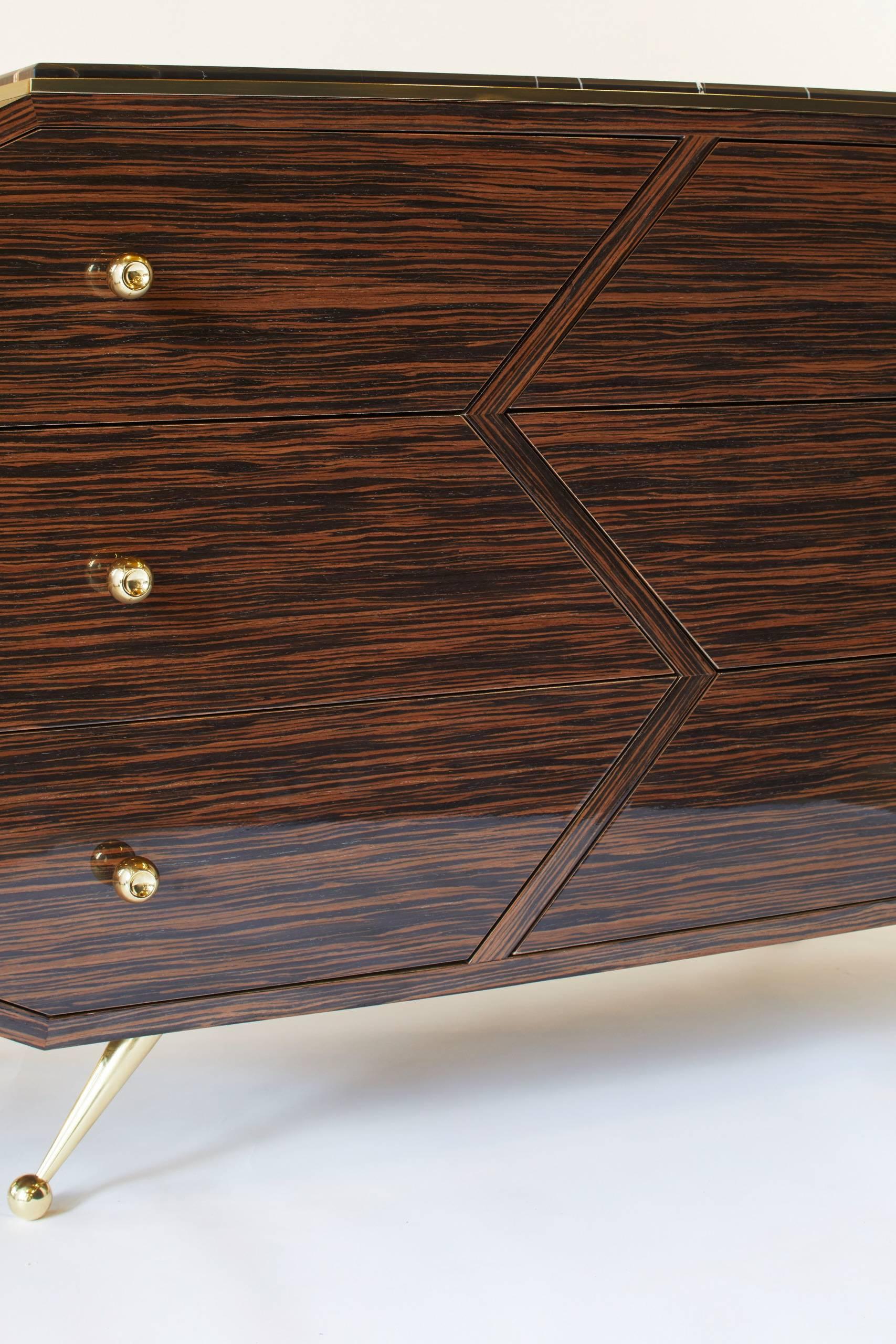 Canadian Macassar Ebony Cabinet In High Gloss With Italian Marble Top & Brass Details For Sale