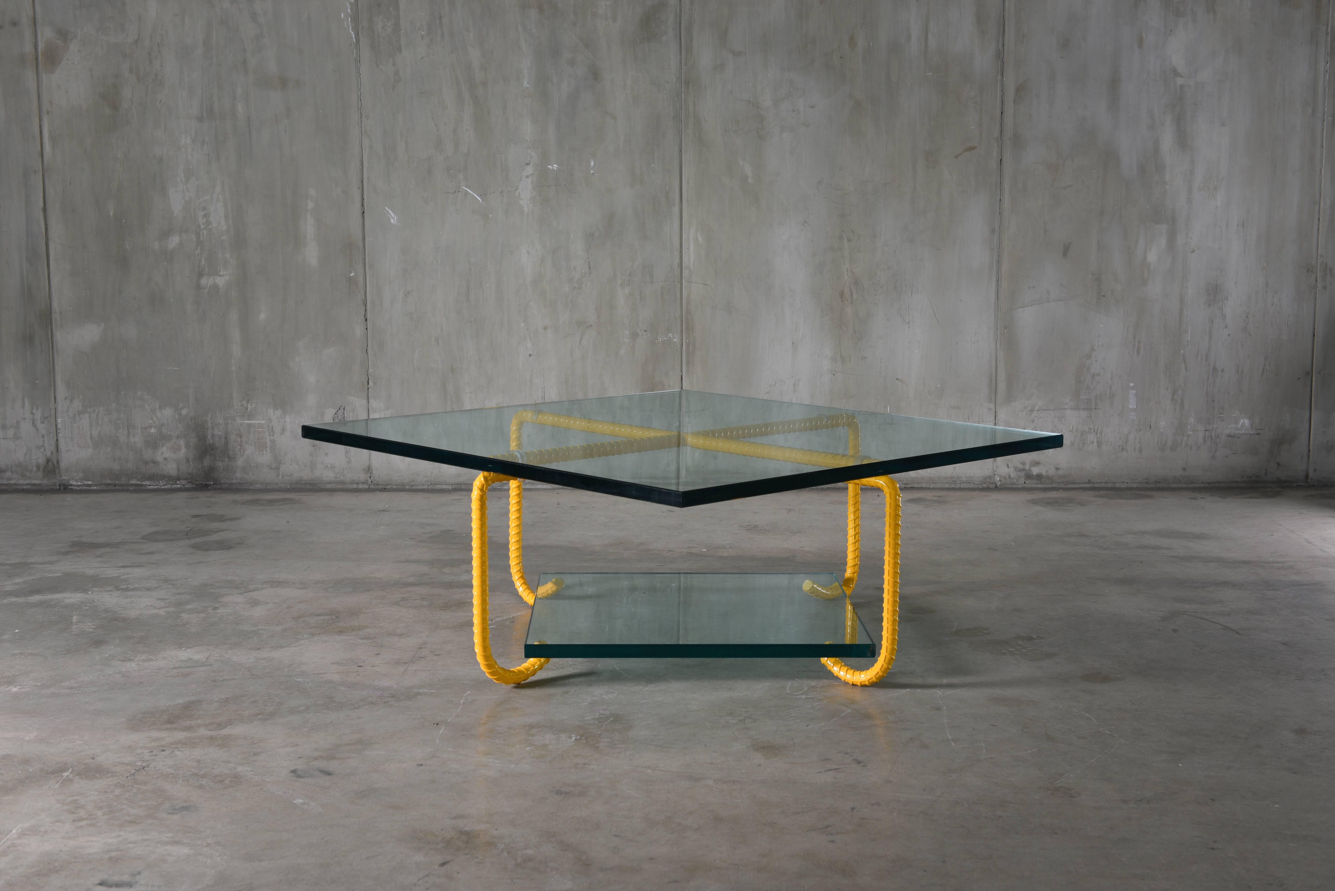 Brutalist Coffee Table With Steel Base & Glass Tops For Sale
