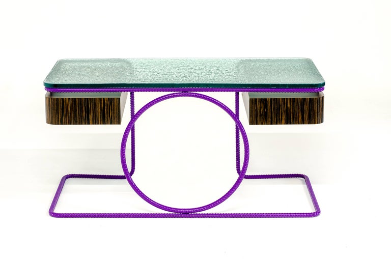 Contemporary Desk With Rebar Frame Macassar Ebony Drawers And Custom Glass Top For Sale