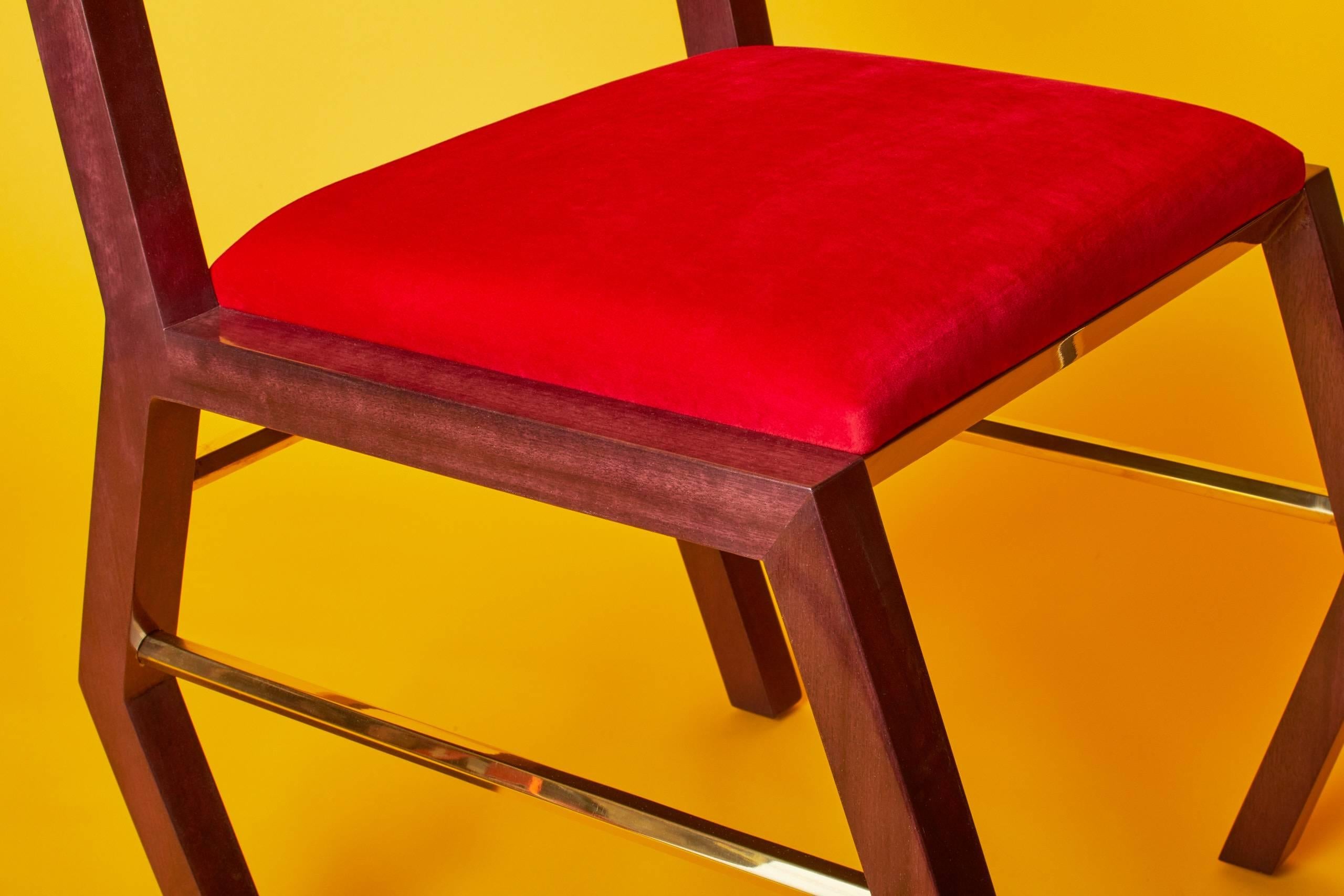 Canadian Solid Purpleheart Wood Chair With Red Velvet Upholstery And Brass For Sale