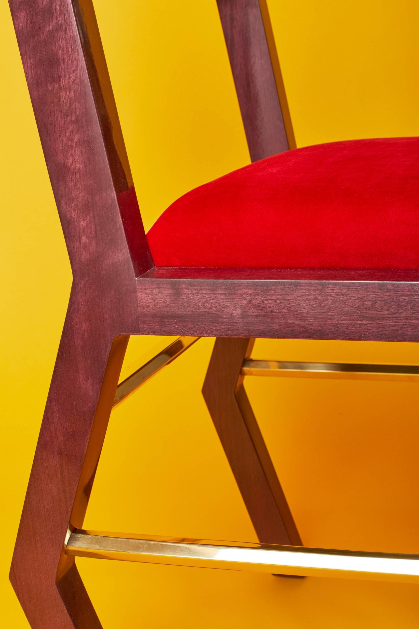 Lacquered Solid Purpleheart Wood Chair With Red Velvet Upholstery And Brass For Sale