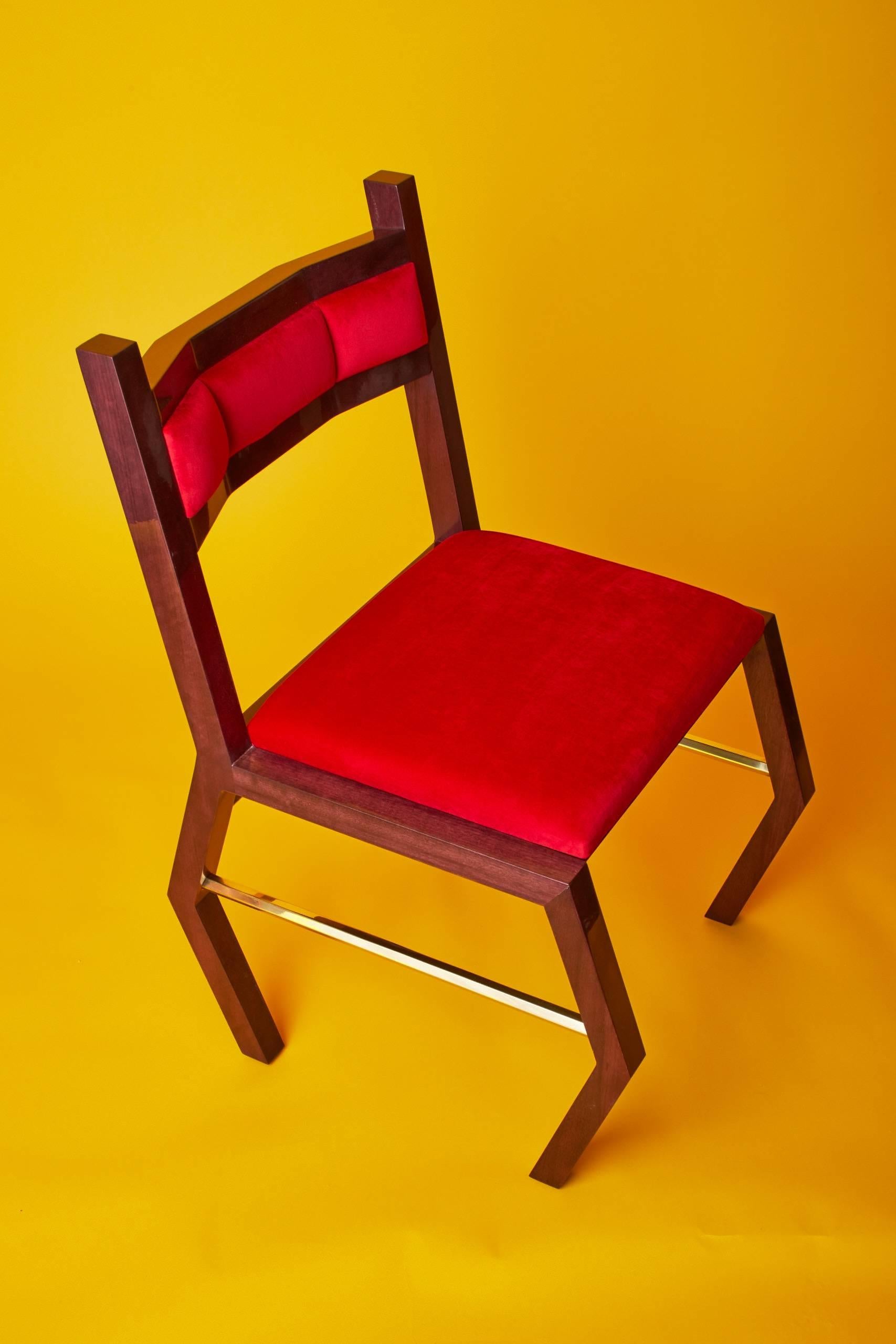 Contemporary Solid Purpleheart Wood Chair With Red Velvet Upholstery And Brass For Sale