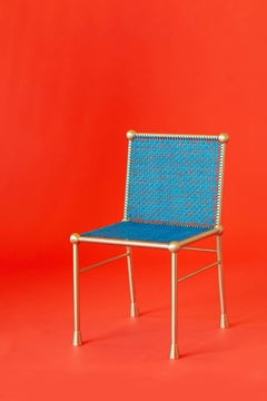 Solid Brass Chair With Hand Woven Blue Cane