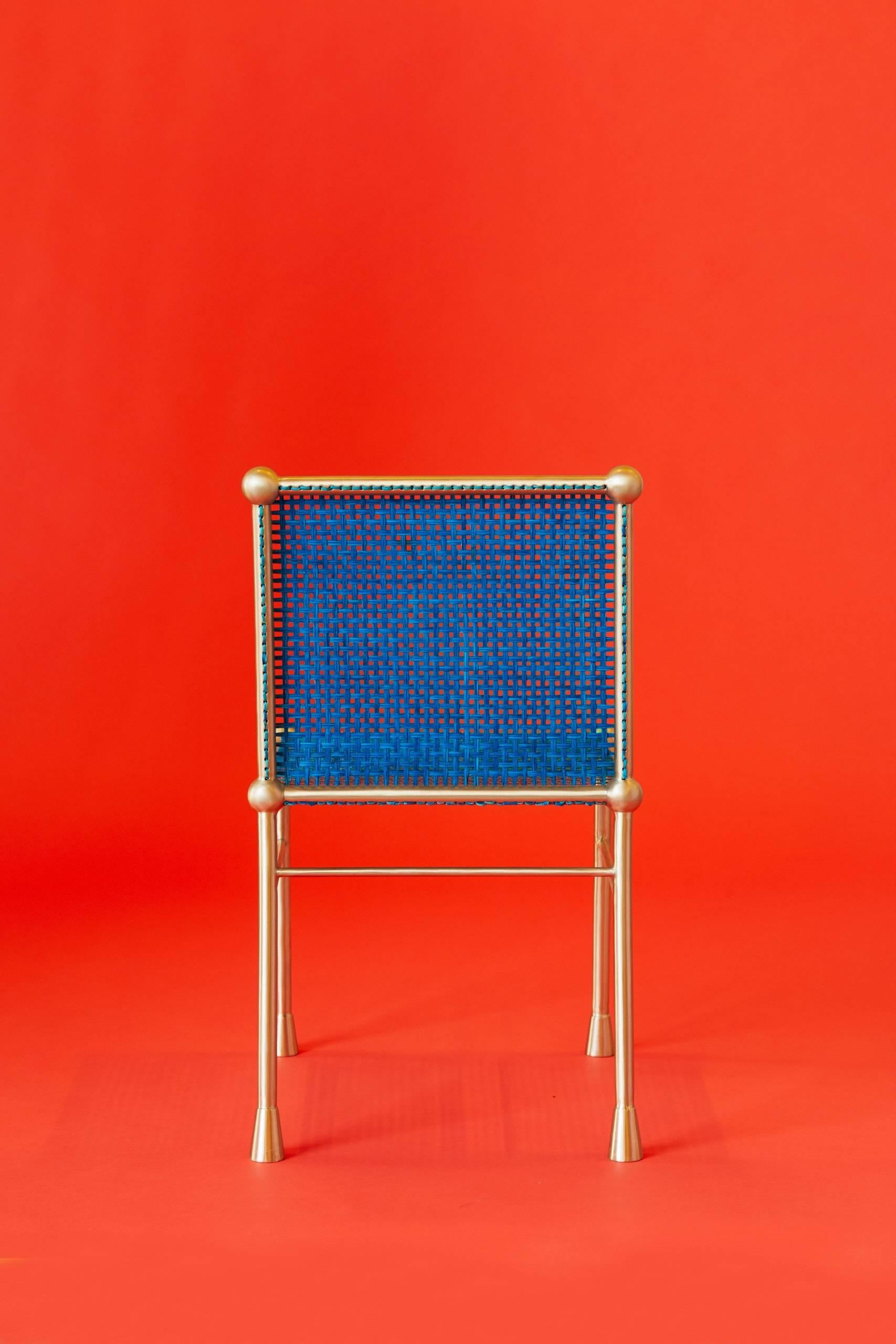 Dyed Solid Brass Chair With Hand Woven Blue Cane For Sale