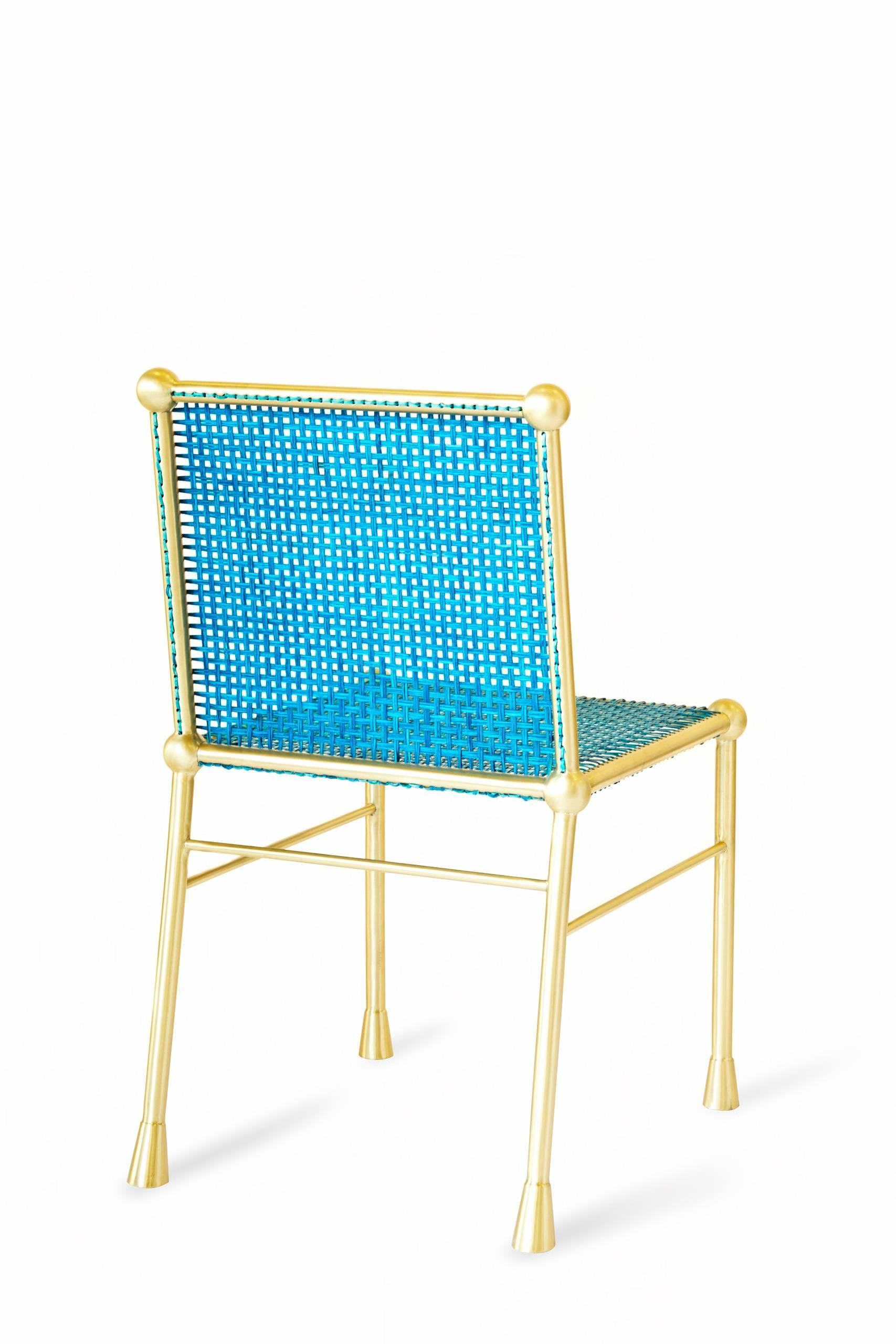 Contemporary Solid Brass Chair With Hand Woven Blue Cane For Sale
