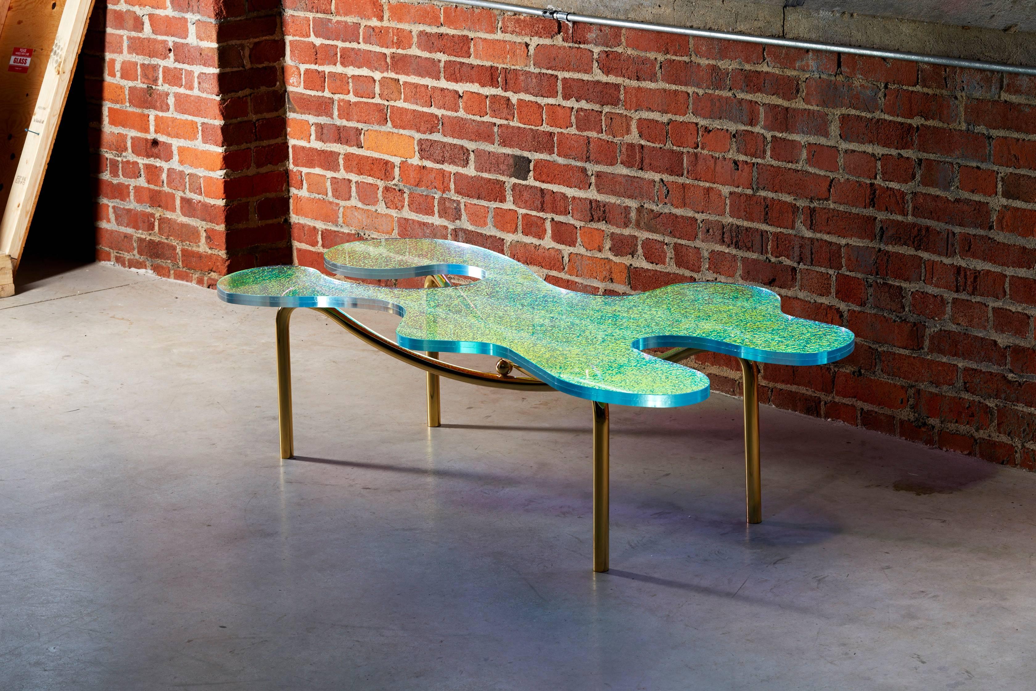 Hand-Carved Coffee Table With Dichroic Glass & Solid Brass Legs. For Sale