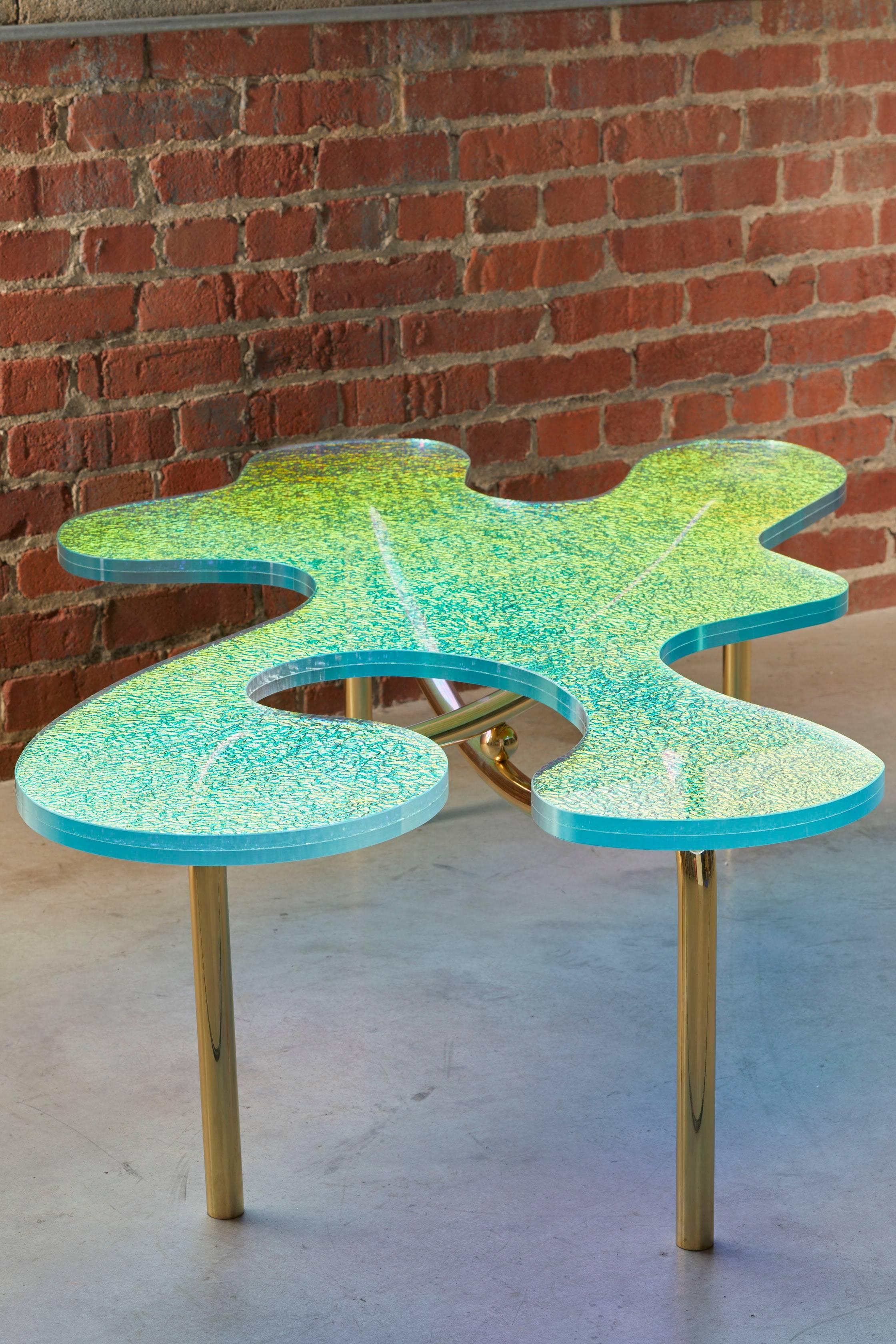Coffee Table With Dichroic Glass & Solid Brass Legs. In New Condition For Sale In Toronto, Ontario