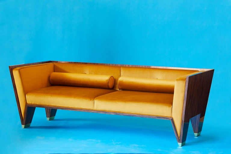 21st Century Handmade Custom Art Deco Sofa with Brass Feet and Velvet