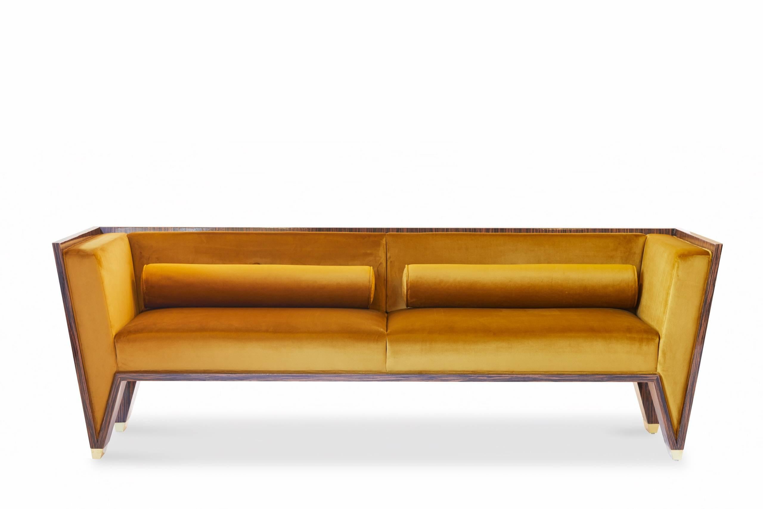 Art Deco Macassar Ebony Sofa Velvet Upholstery And Brass Details For Sale
