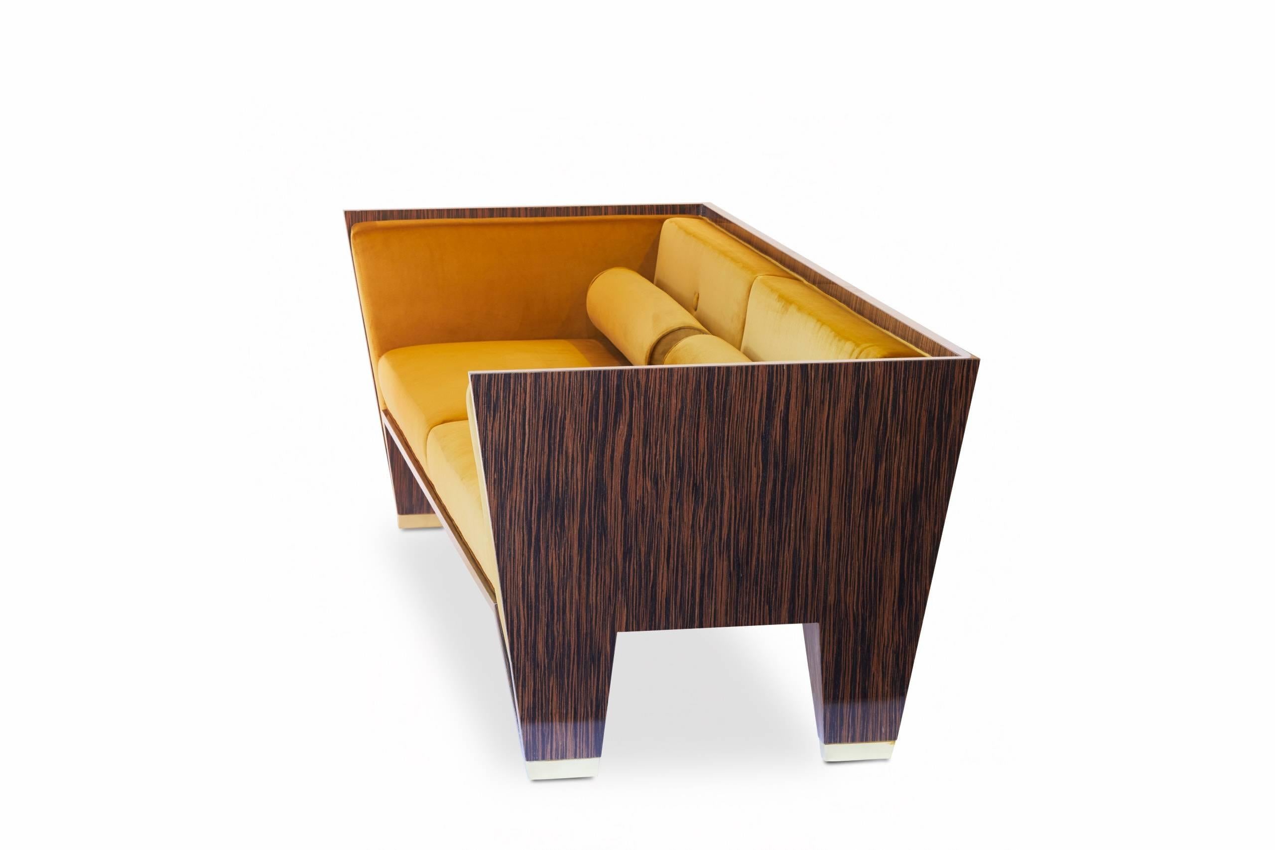 Canadian Macassar Ebony Sofa Velvet Upholstery And Brass Details For Sale