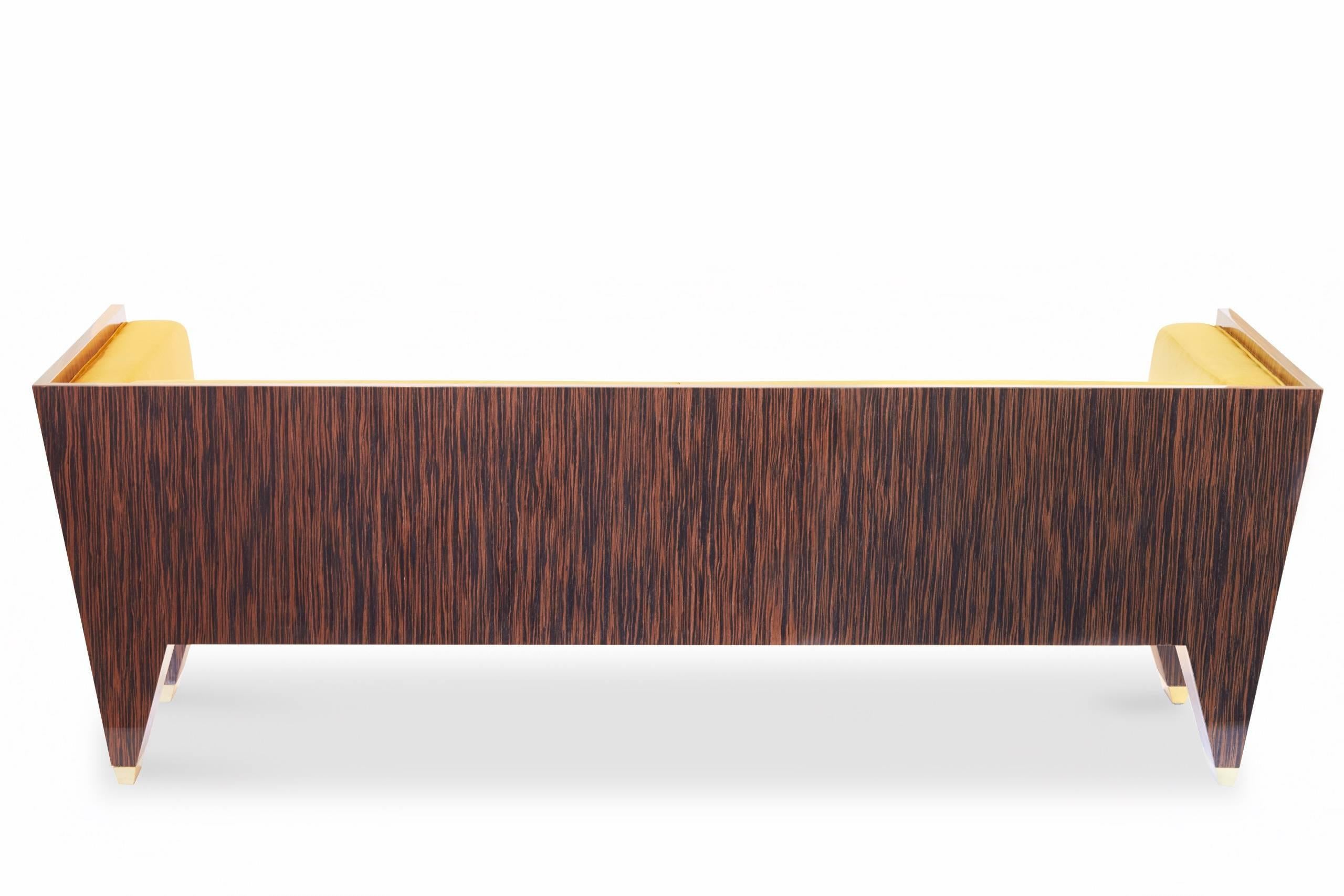 Contemporary Macassar Ebony Sofa Velvet Upholstery And Brass Details For Sale