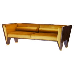 Sofa In Macassar Ebony With Gold Velvet Upholstery And Brass Details