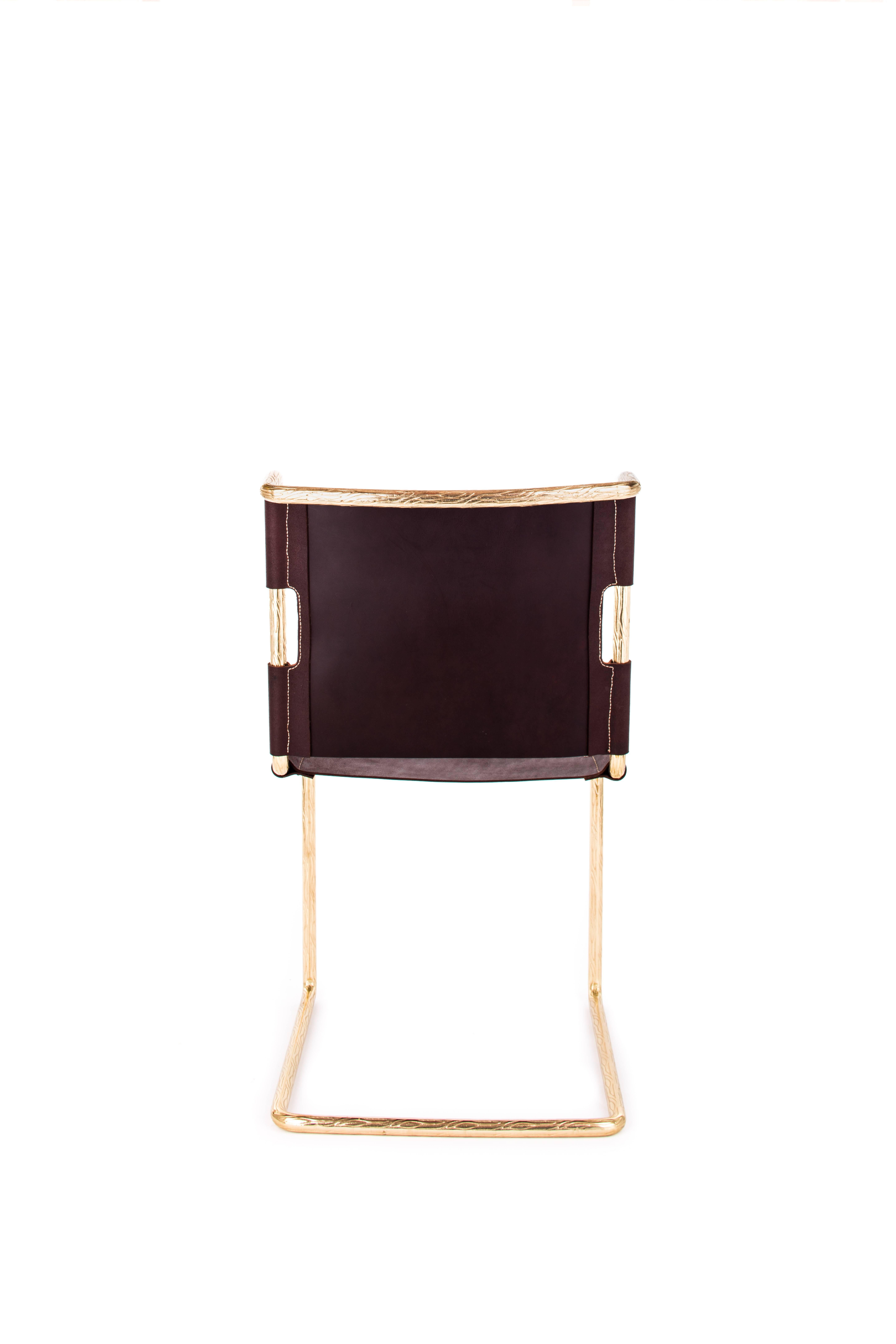 Modern Chair With Brass Finish And Water Buffalo Leather For Sale
