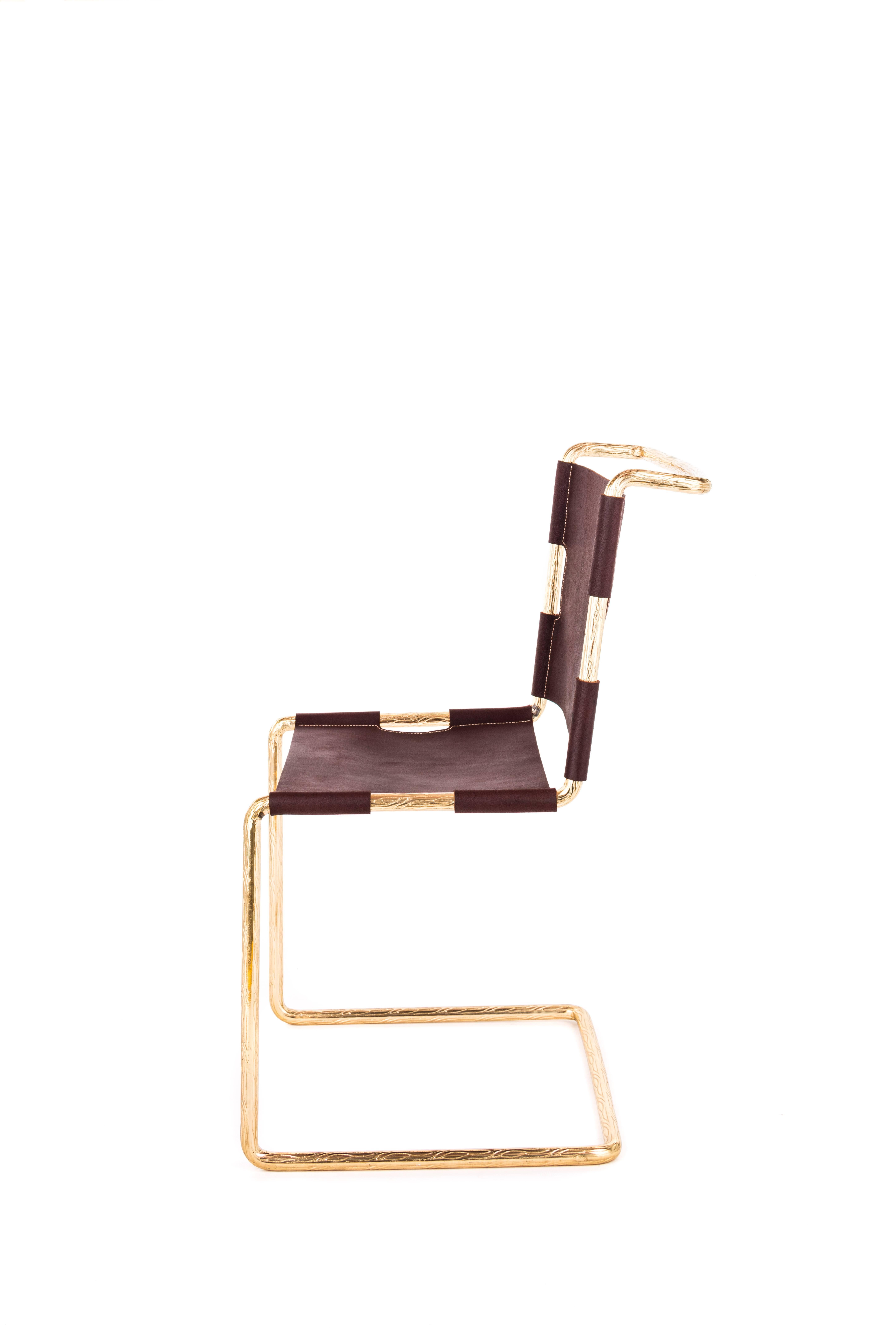 Hand-Crafted Chair With Brass Finish And Water Buffalo Leather For Sale
