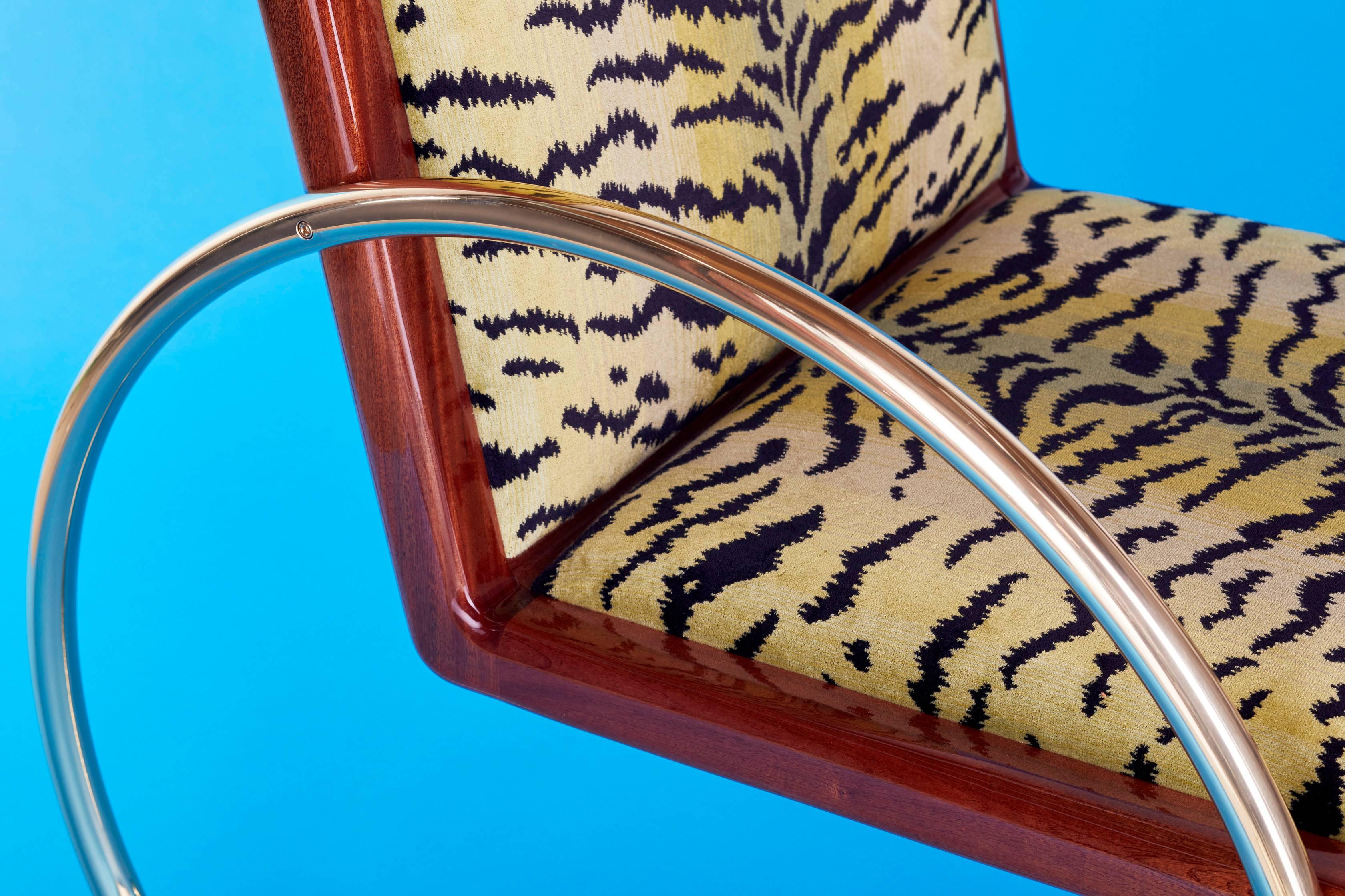 Art Deco Lounge Chair Mahogany Veneer Green Tiger Velvet & Solid Brass Legs For Sale