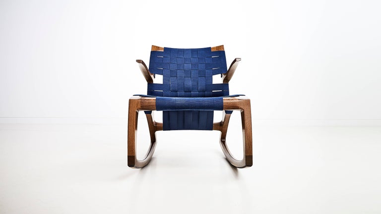 Fumed White Oak Wood Luna Rocking Chair with Webbed Seat by Goebel For ...