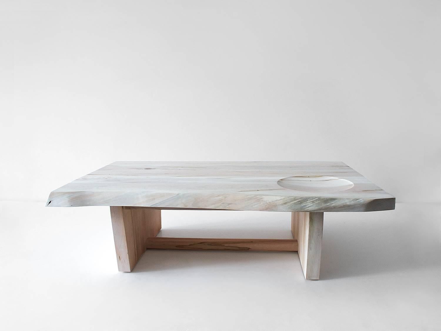 The maple slab low table features a patchwork or single slab top with a sled base. Available in oxidized, bleached or natural maple. Dimensions vary by single slab. Custom sizing available for multiple board slabs. Brass joinery available.

Shown