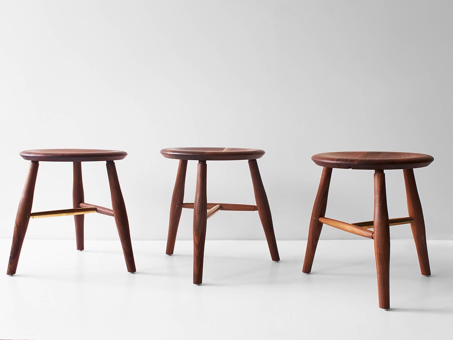 The Swell stool is a turned and carved dining-height stool with a comfortable 16 inch diameter seat. It features brass-pinned mortise and tenon joinery. Available in black walnut (natural, oxidized or ebonized), maple (natural, bleached or