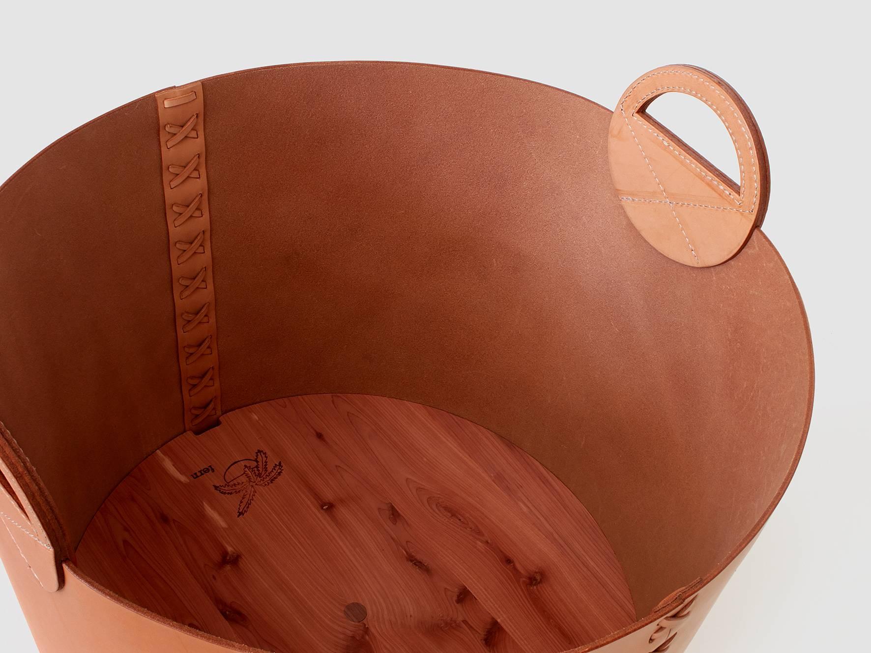 American Craftsman Leather Bushel Basket with White Oak or Aromatic Cedar Bottom For Sale