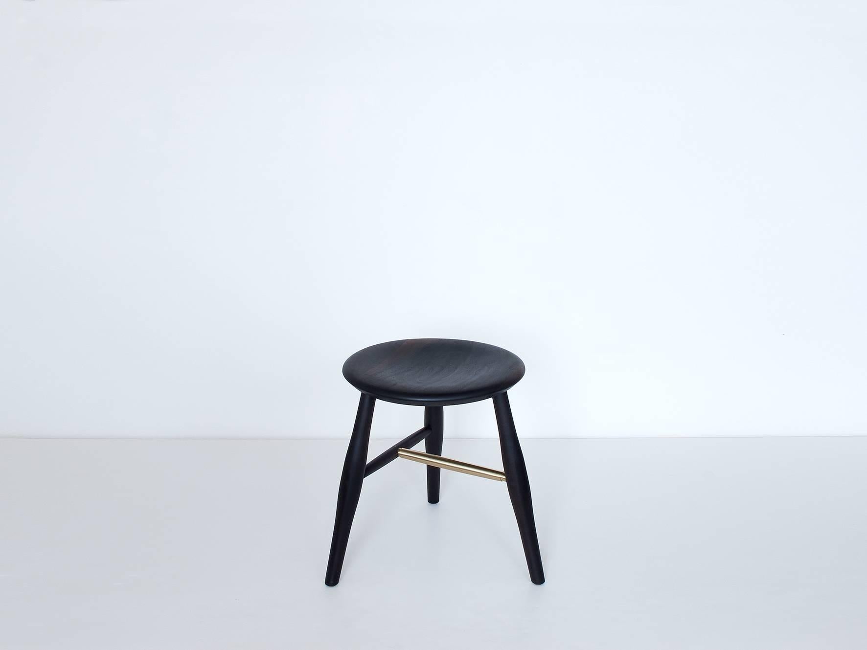 Contemporary Swell Dining Stool, Turned Leg and Brass Stool For Sale