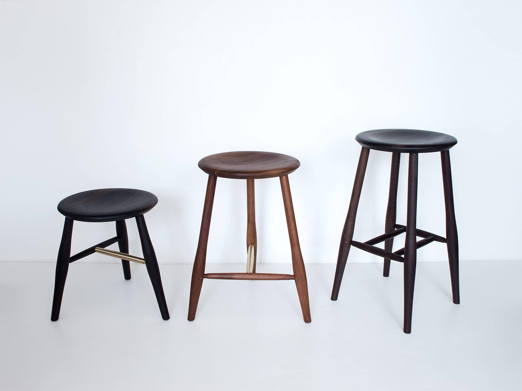The Swell stool is a turned and carved bar-height four-legged stool with a comfortable 16 inch diameter seat. It features brass-pinned mortise and tenon joinery. Available in black walnut (natural, oxidized or ebonized), maple (natural, bleached or